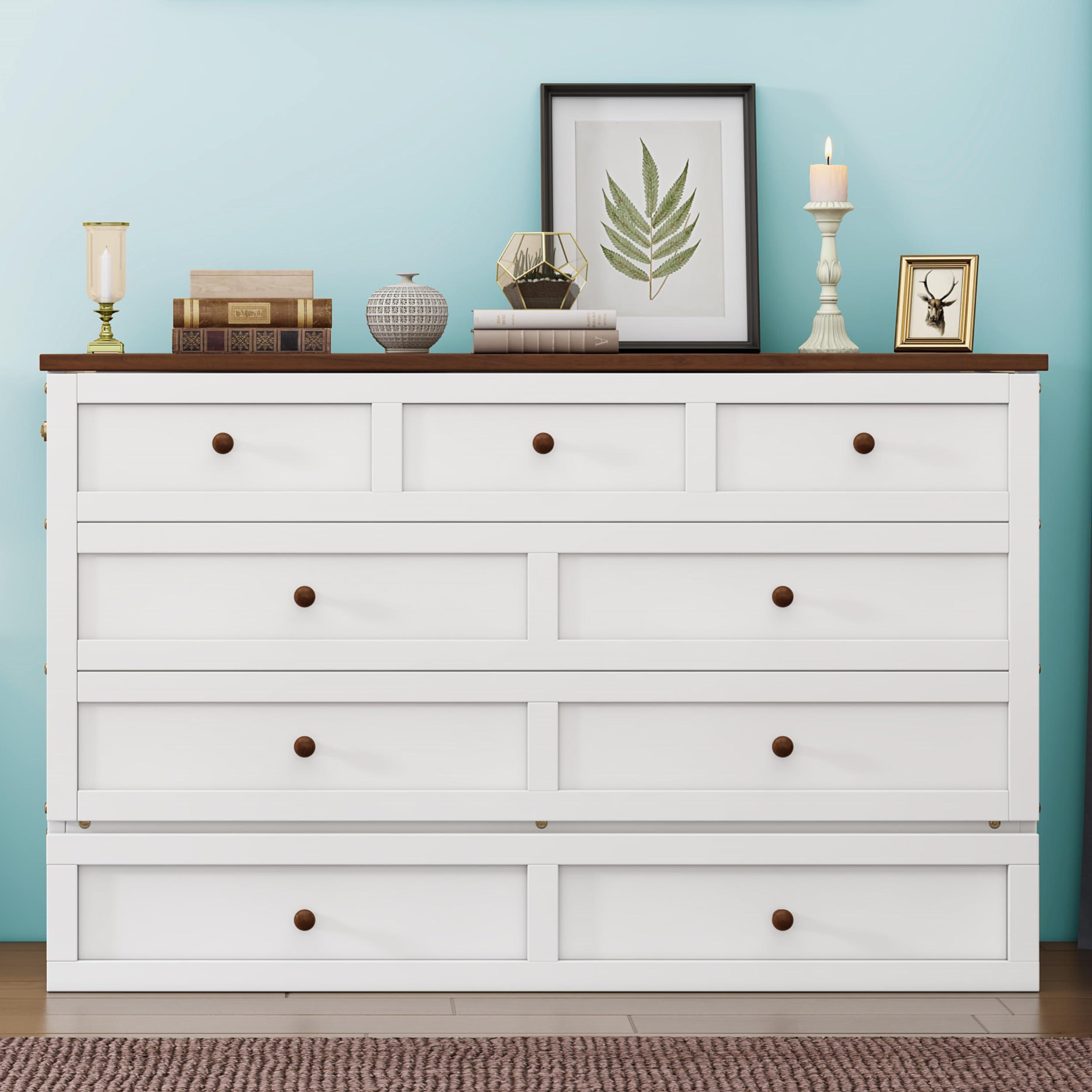 Harper & Bright Designs Harper & Bright Designs Full Size Murphy Bed, Wooden Full Murphy Bed Frame with Charging Station and Large Storage Drawer for Home Office/Small Room, White+Walnut