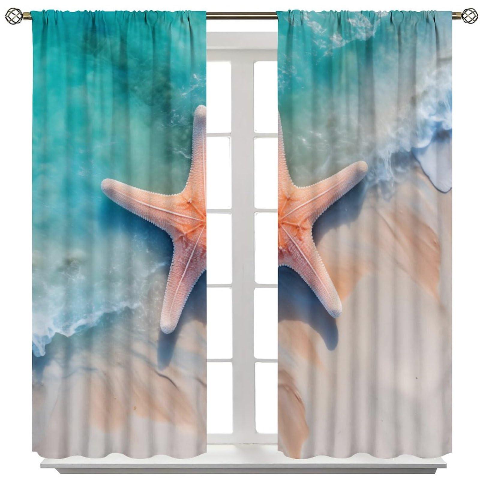 YungHo YungHo Starfish Curtains, Summer Holiday with Seashells Starfish and Palm Tree Ocean Print Window Drapes, 26" W x 84" L x2Blackout