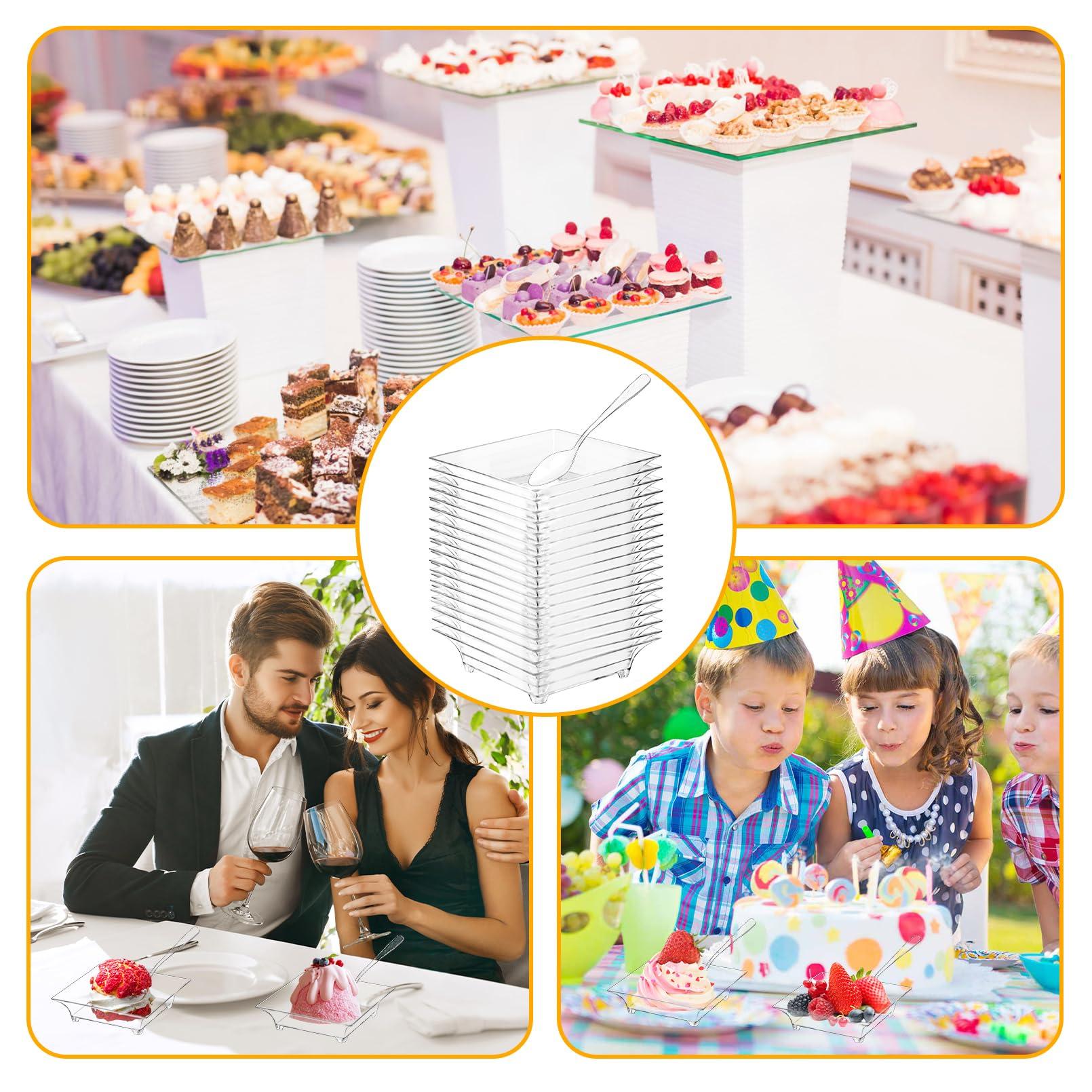 Yihurlm Yihurlm Mini Dessert Plates with Spoons,100 Pack 1 oz 2.4\" Mini Appetizer Plates,Reusable Crystal Clear Plastic Square Mini Plates for Desserts Appetizers Sauces Fruit Cake Tastings