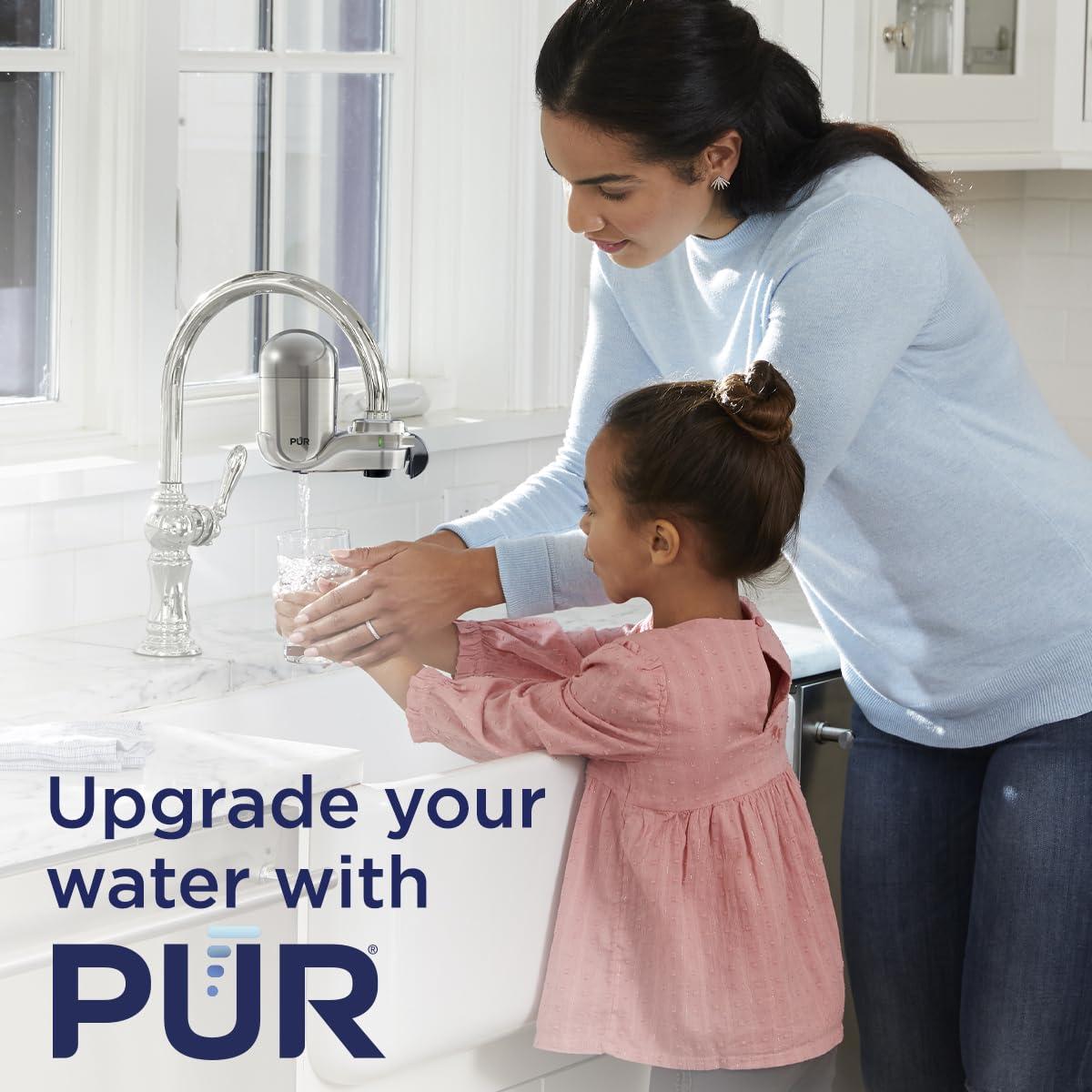 PUR PUR PLUS Vertical Faucet Mount Water Filtration System with 3-in-1 Lead Reducing Filter for Great-Tasting Filtered Tap Water, Lasts 100 Gallons, Fits Most Kitchen or Bathroom Faucets, Stainless Steel