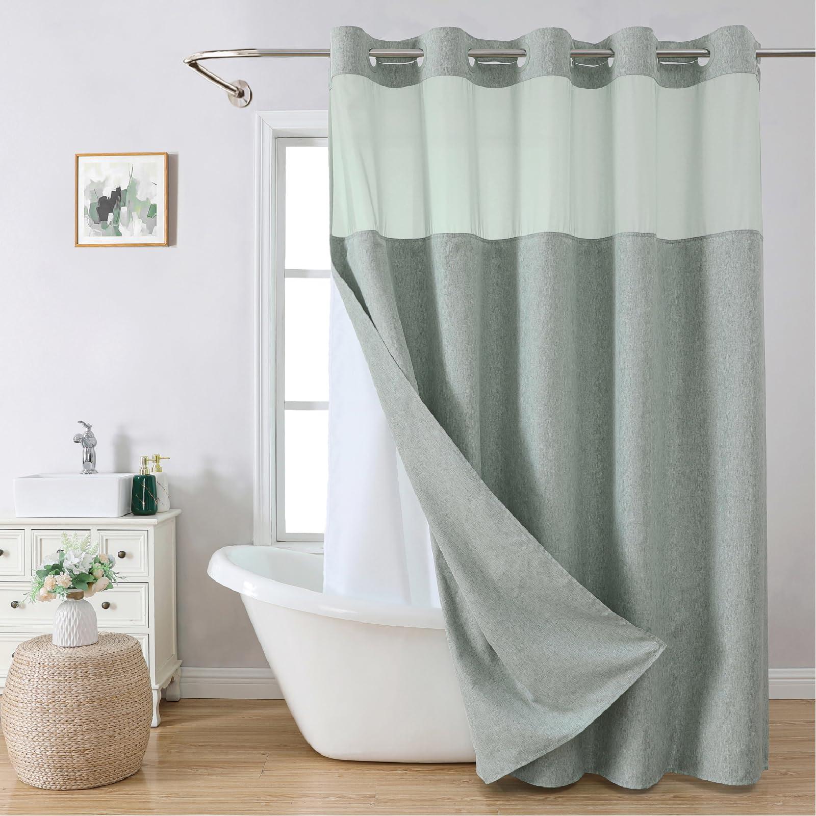 eachope eachope Extra Long No Hooks Needed Linen Textured Shower Curtain with Snap-in Fabric Liner Set,Sage Green Hotel Luxury Decor Shower Curtains for Bathroom,Waterproof & Washable,71Wx86H
