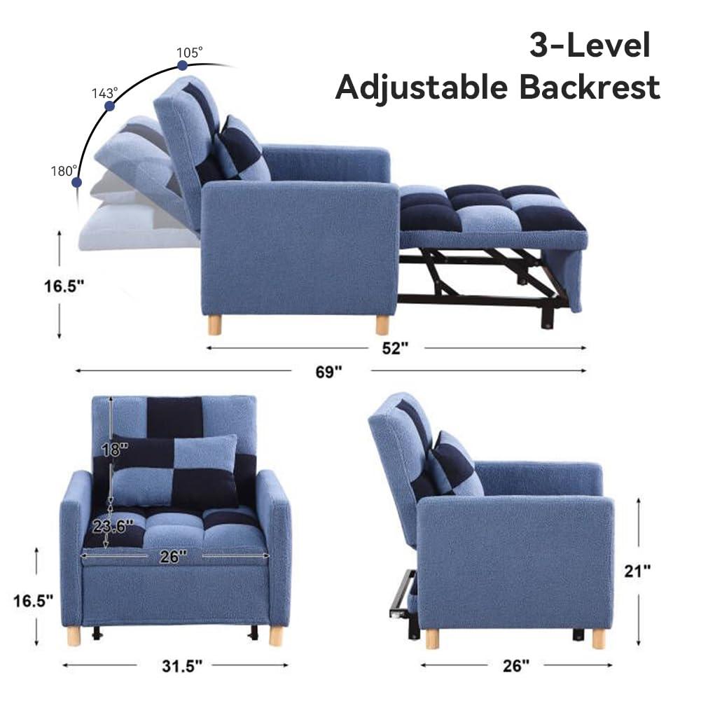 SmarvoHouse Sleeper Chair Bed - Convertible Single Sofa Chair Bed with Pillow,Pull Out Sleeper Bed with Adjustable Backrest,Multi-Functional Lounge Chair with Teddy Fabric for Apartment,Living Room (Blue)