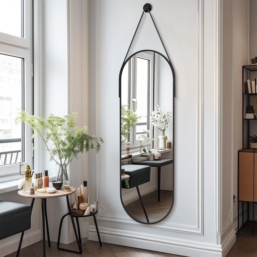 OGCAU OGCAU Full Length Mirror, Wall Mirror Full Length, Wall-Mounted Mirror, Body Mirror for Wall in Bedroom, Arched-Top Mirror, Hanging Mirror with Aluminum Alloy Frame (Oval Black)