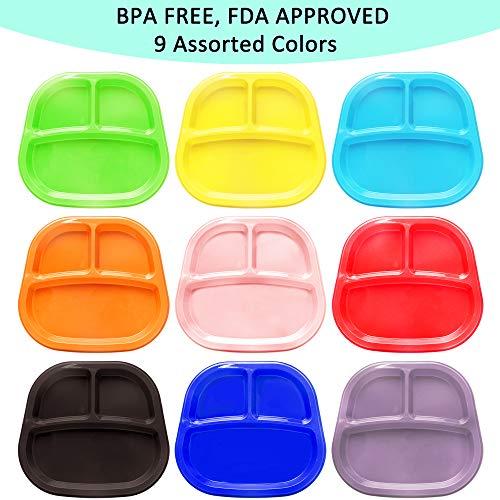 Youngever Youngever 3-Compartment Divided Plastic Kids Tray, 3 Compartment Plates, Set of 9 (9 Rainbow Colors)