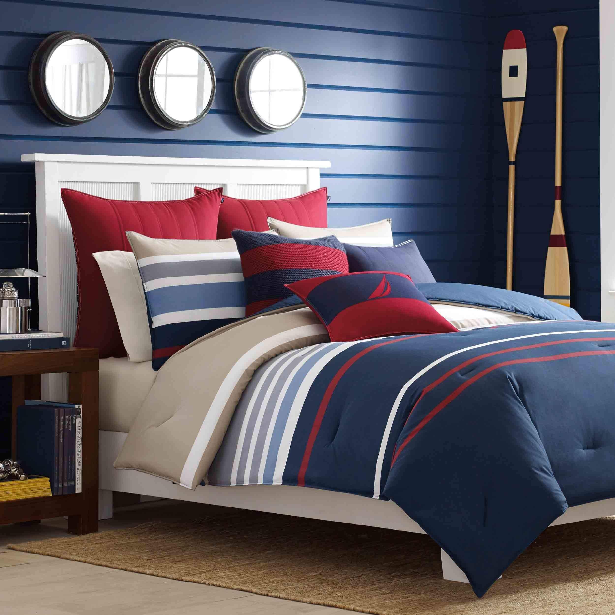 Nautica Nautica - Queen Duvet Cover Set, Cotton Reversible Bedding with Button Closure, Stylish Home Decor (Bradford Navy/Khaki, Queen)