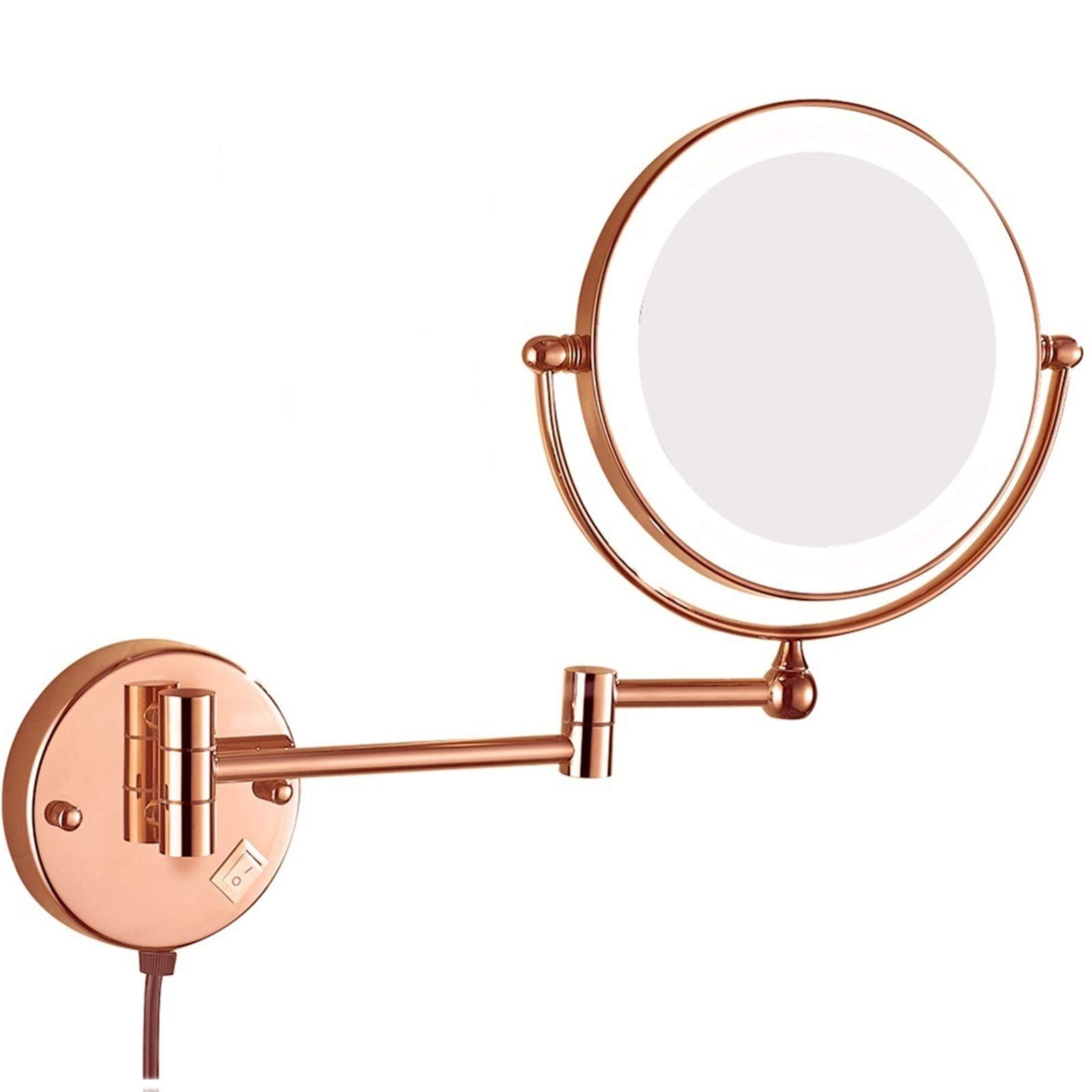 DMNSDD Double Sided Makeup Mirror with Lights and Magnification, 8 inch Brass Bathroom Wall-mounted LED Vanity Mirror, 360 Swivel Extendable Mirror,Rose gold,10X