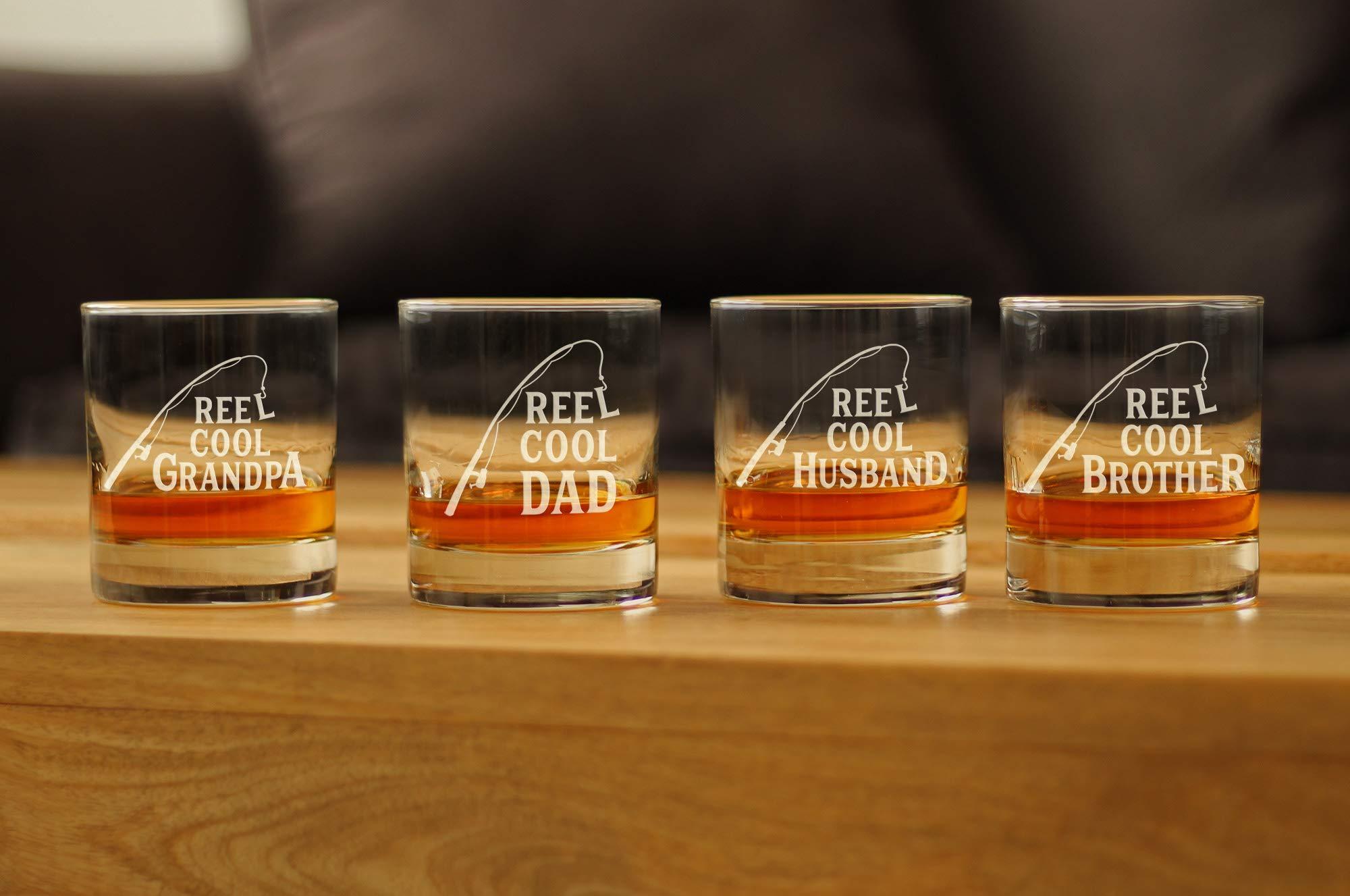 Bevvee Reel Cool Dad - Funny Whiskey Rocks Glass - Fishing Gifts for Fathers - Engraved 10.25 oz Glasses - Fun Fish Cups