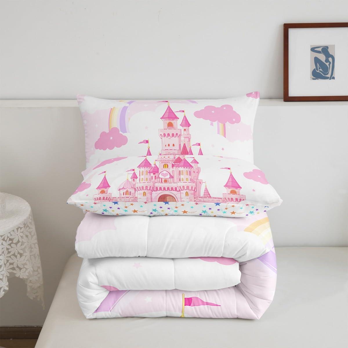 Feelyou Feelyou Kids King Pink Castle Comforter Set Boys Girls Rainbow Castle Bedding Set Girls Princess Comforter Fairy Tales Duvet Set Girls Bed Set 3Pcs