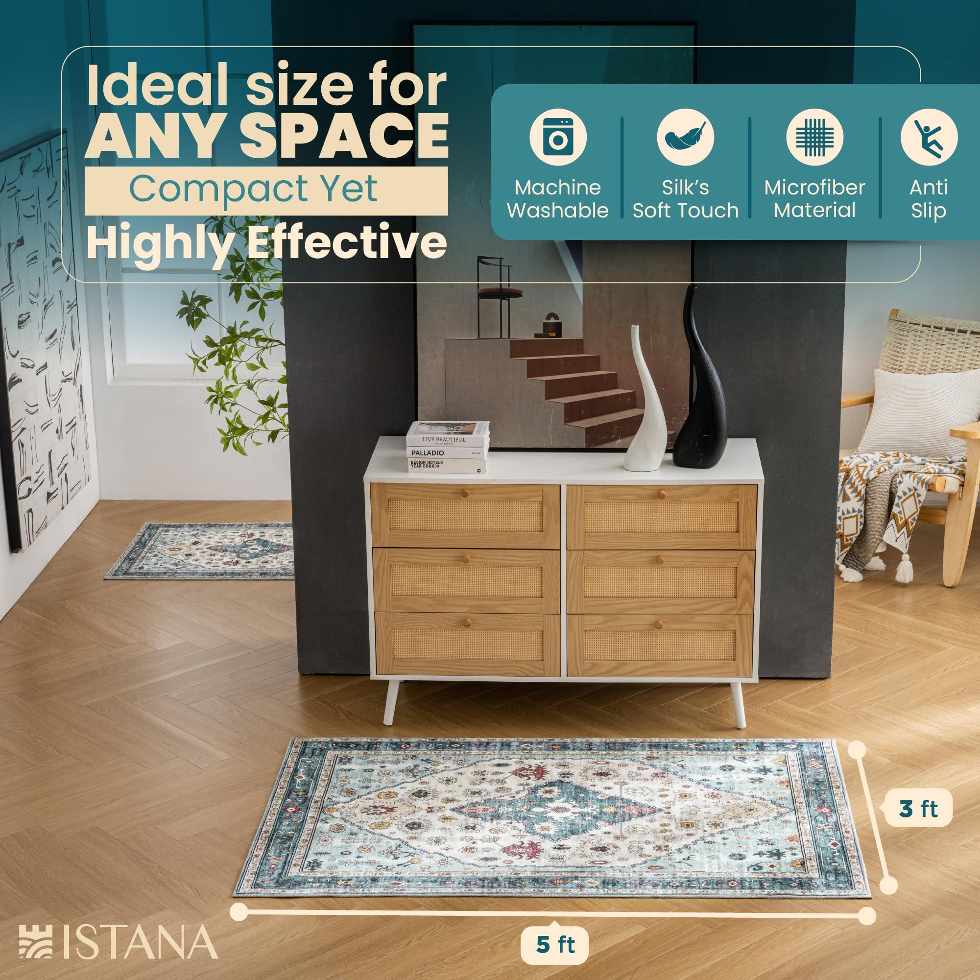 Istana Istana 3x5 Washable Rug - White Cream/Blue Area Rug - Foldable Small Area Rugs 3x5 - Non Shedding Floor Rugs for Home - Washable Rugs 3x5-3x5 Rug Non Slip W/Soft Microfiber - 3x5 Rug Washable