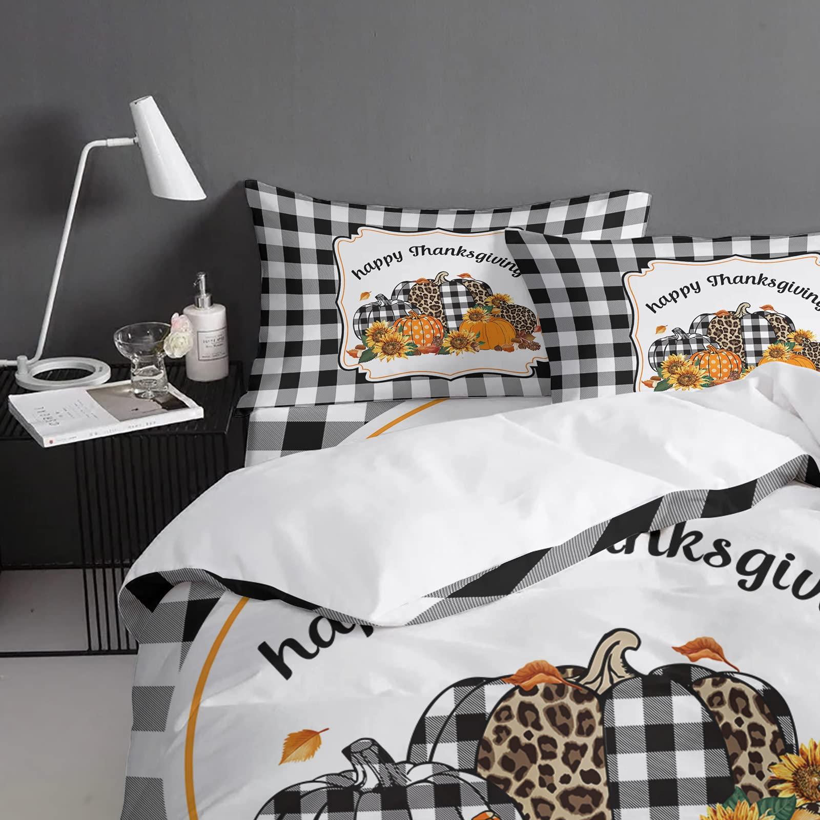 YESOF66 YESOF66 Zipper Duvet Cover Set Soft Comforter Cover Set for Girls Boys,Happy Thanksgiving Pumpkins Black White Lattice Daisy Bedding Sets Twill Plush Bed Sheet Set,Full Size