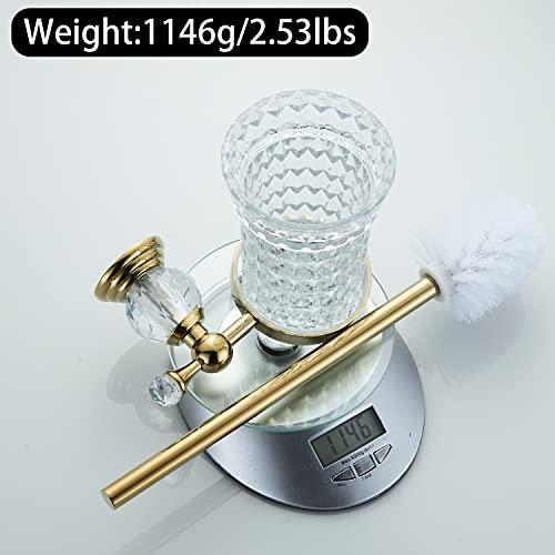 WOLIBEER WOLIBEER Crystal Toilet Brush Holder, Polished Gold Brush Handle with Replaceable Brush Head, Stainless Steel Bathroom Cleaning Set Wall Mounted