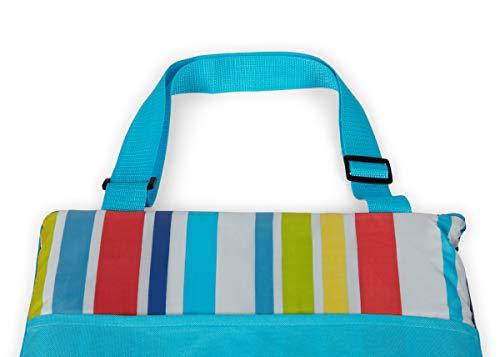 PICNIC TIME ONIVA - a Picnic Time brand - Vista Outdoor Picnic Blanket & Tote - Beach Blanket - Camping Blanket, (Fun Stripe Pattern with Aqua Blue Exterior)