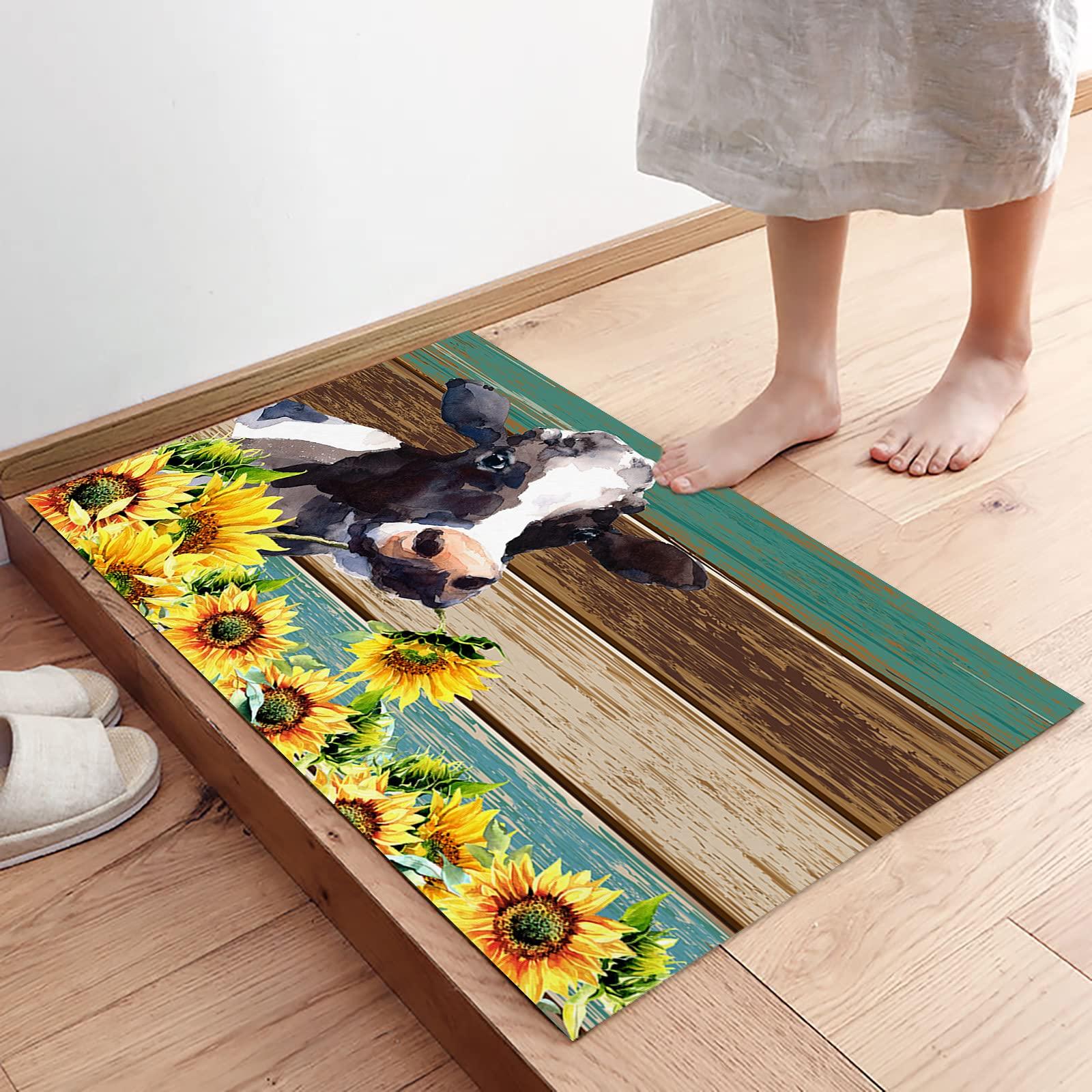 LooPoP Kitchen Rugs and Mats Non Skid Washable Sets Sunflower Cow Yellow Anti Fatigue 2 Piece Set Non Skid Waterproof Standing Rugs Teal Brown Wooden Plank