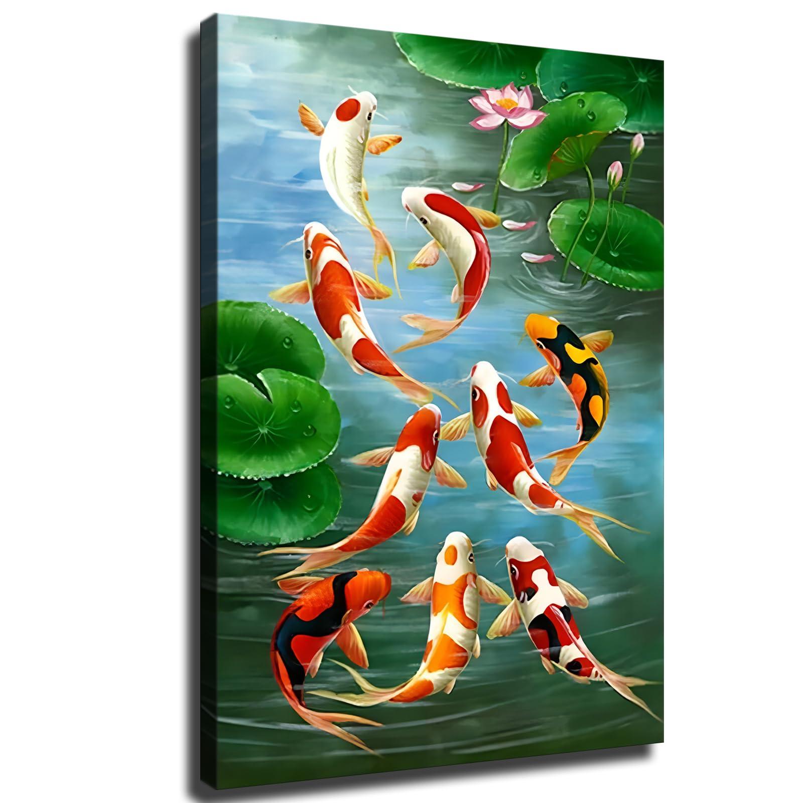 ZeeHxq ZeeHxq Feng Shui Nine Koi Fish Lucky Landscape Poster Painting on Canvas Wall Art Living Room Decoration Home (16x24inch Framed)