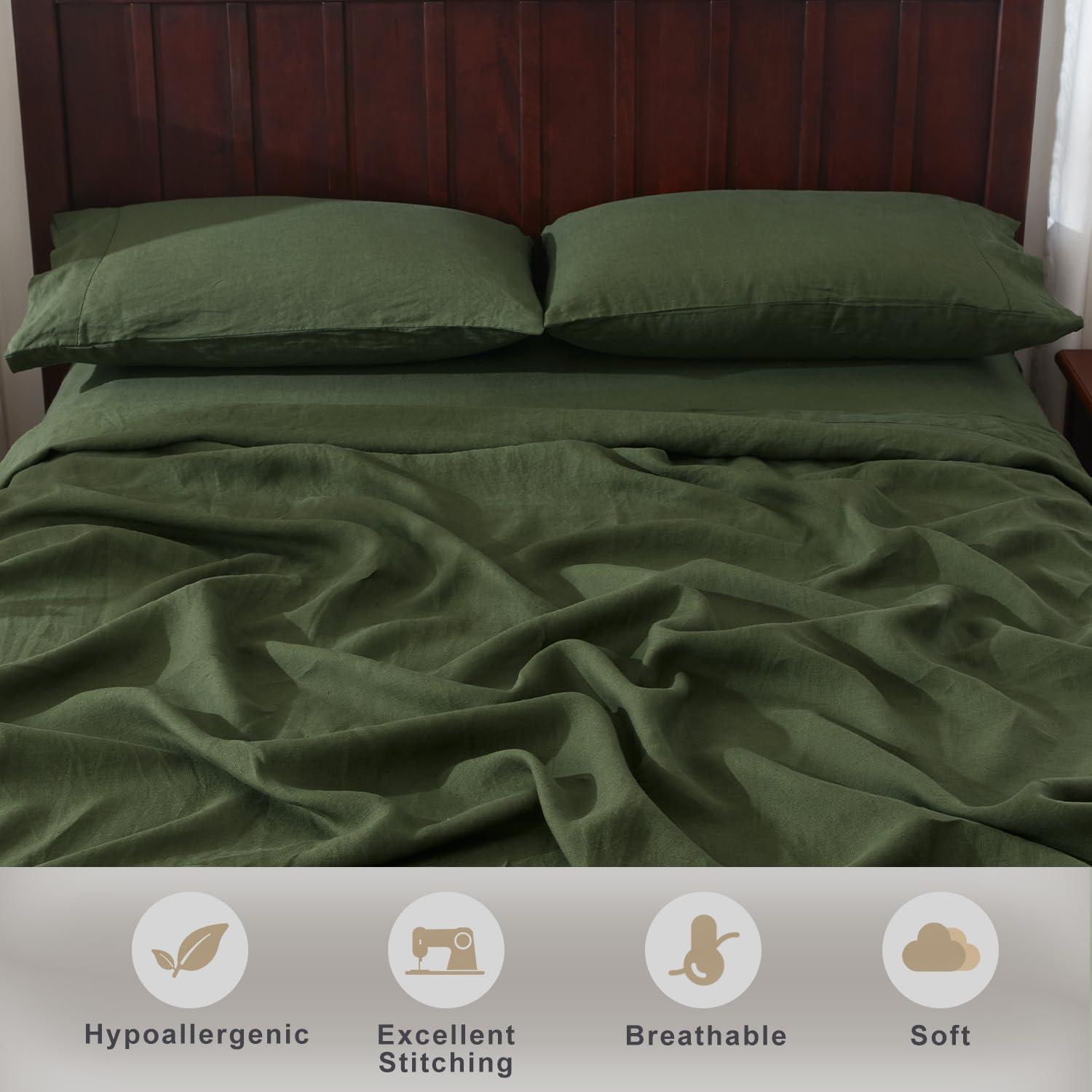 TOSMO TOSMO Pure Linen Sheets Set, 100% French Natural Linen Flax Bedding 4pc Set (Queen, 1 Flat Sheet, 1 Fitted Sheet, 2 Pillowcases) - Forest Green