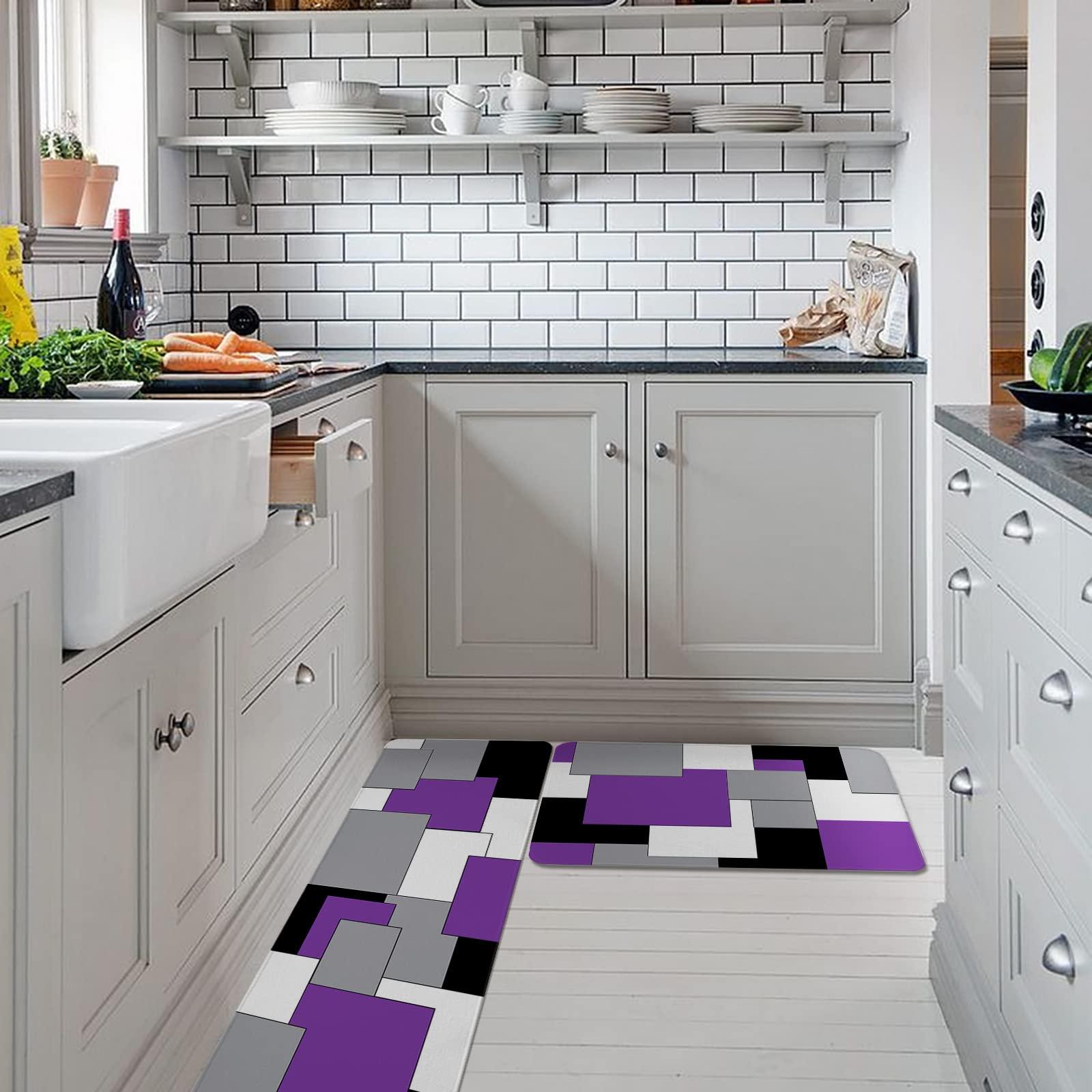 Carosoffe Carosoffe Geometric Purple Gray Black Kitchen Rug 2 PCS, Non-Slip Soft Absorbent Standing Mats for Kitchen Bathroom Living Room Laundry Room Runner Rug Set Abstract Art
