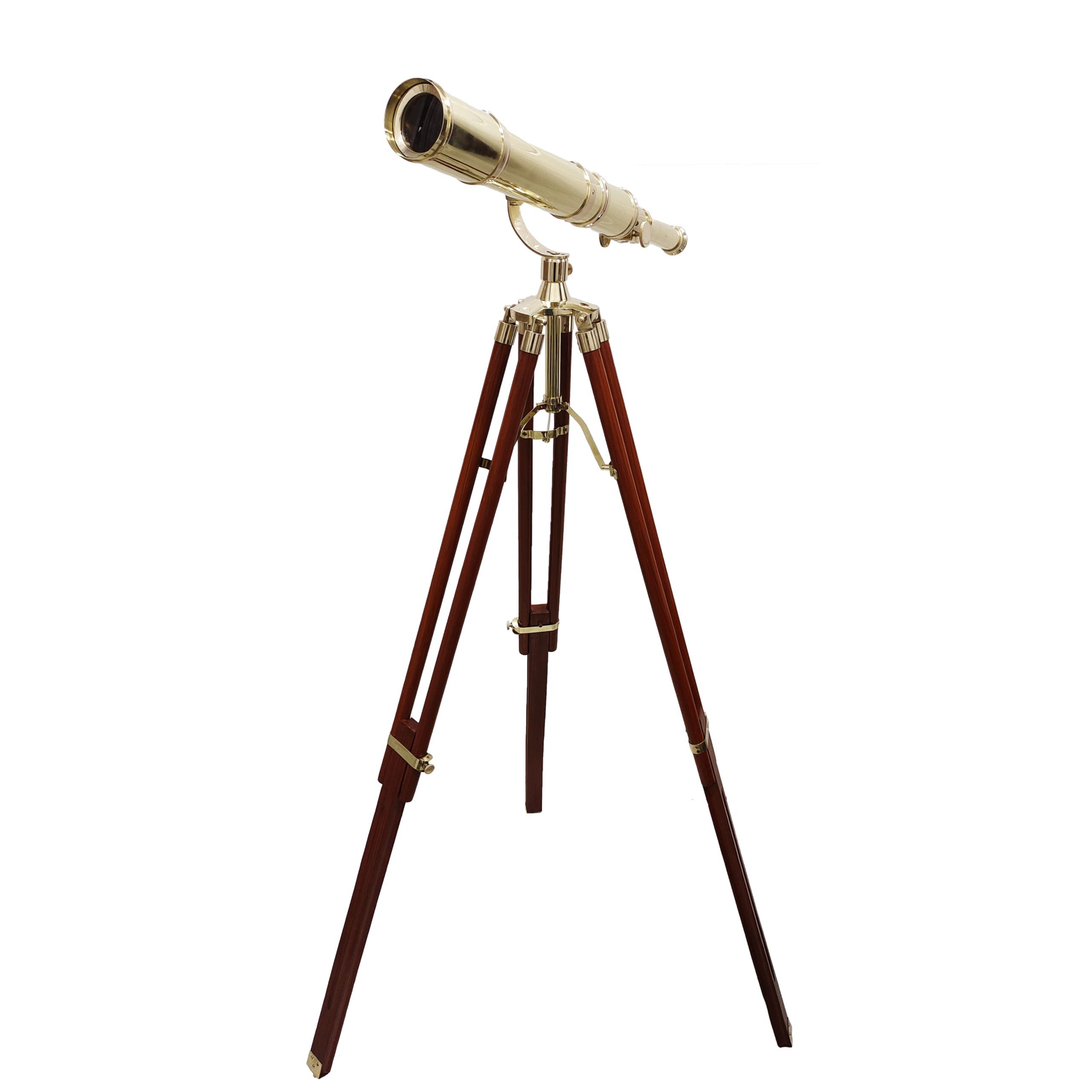 NAVIROCK Navirock Nautical Marine Navy Telescope Solid Brass Shiny Brass Telescope with Wooden Tripod Adjustable Brown Stand with Chrome Compass