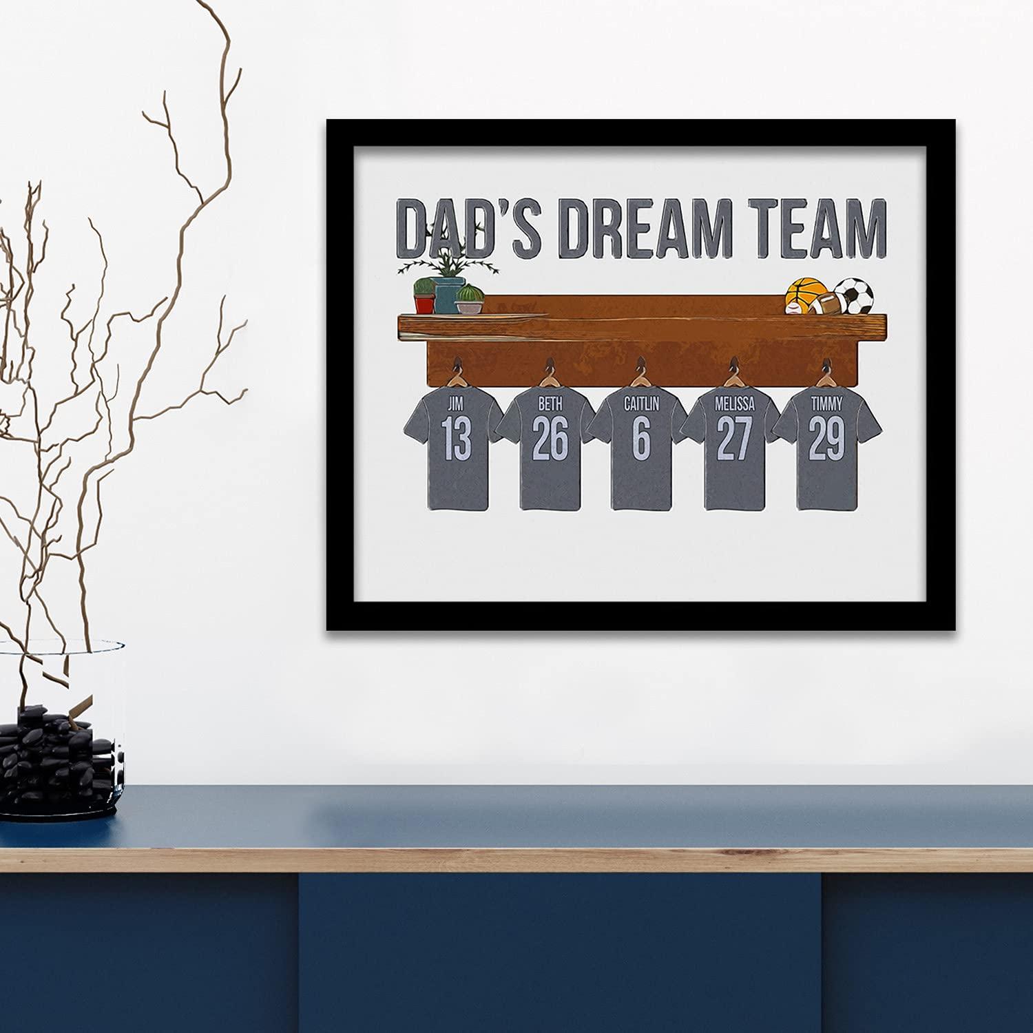 Personal-Prints Personal-Prints DAD's Dream Team | Personalized Father's Day Gift from Children | Names on Jerseys in Locker Rooms (12"x16" Float Framed Canvas, 1 Jersey)