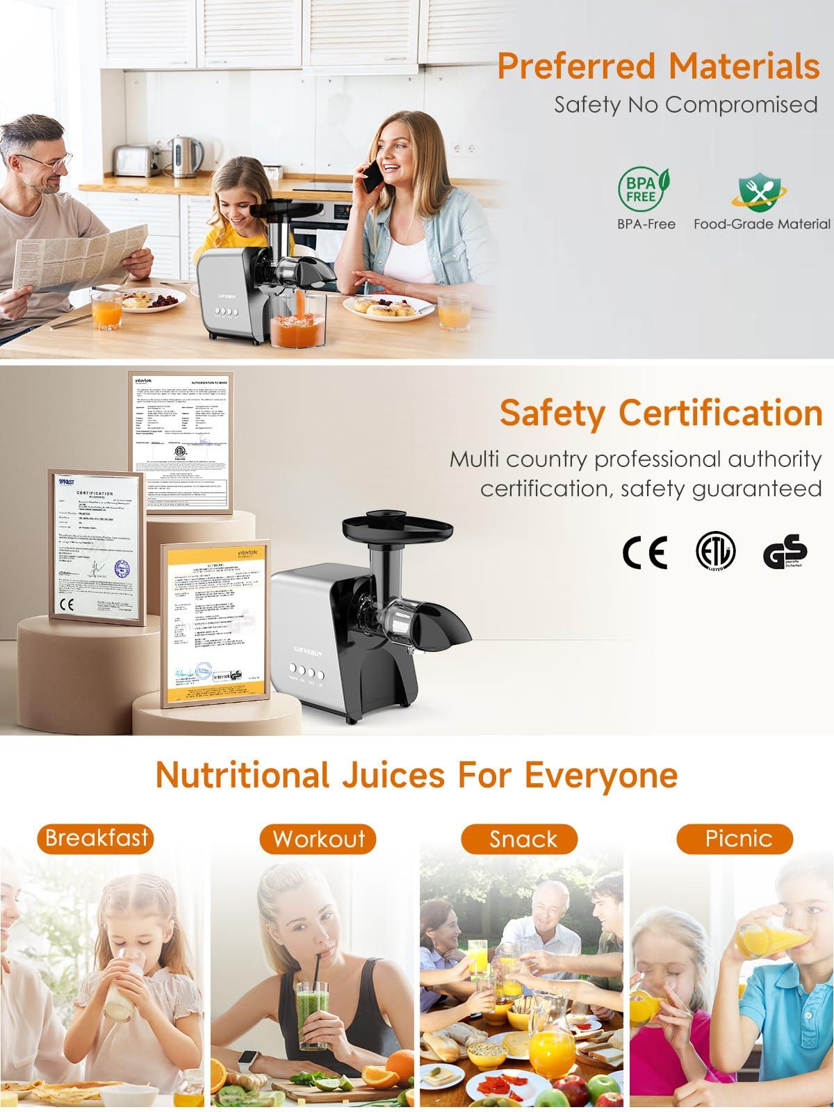 LUFVEBUT Slow Juicer Machine for Vegetables and Fruits Cold Press Masticating Juicer Extractor Celery Wheatgrass Leafy Greens Carrot Ginger Beet, Easy to Clean Juicer BPA-Free Reverse Function,Dishwasher Safe