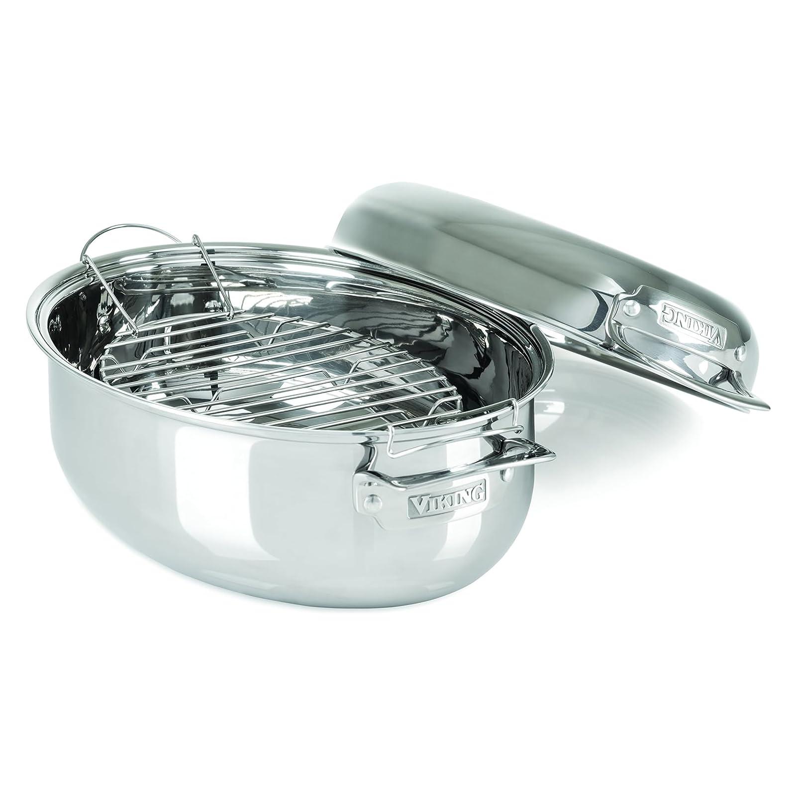 Viking Culinary Viking Culinary 3-Ply Stainless Steel Oval Roasting Pan, 8.5 Quart, Includes Metal Induction Lid & Rack, Dishwasher, Oven Safe, Works on All Cooktops including Induction