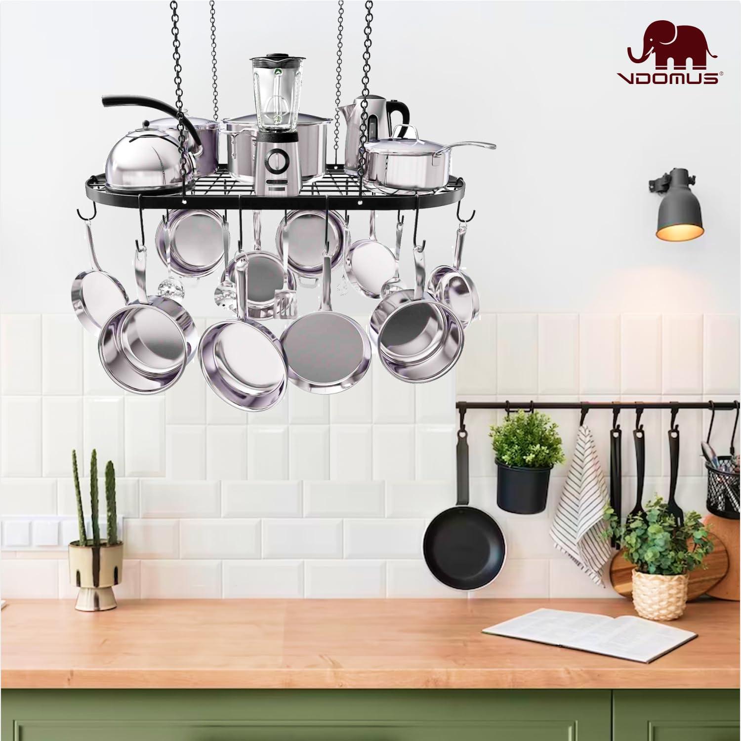 Vdomus Vdomus Heavy-Duty Hanging Pot Rack - 33x17 Inches - Stylish Black Alloy Steel Ceiling Storage with 15 Hooks - Organize Kitchen Cookware and Utensils - Space-Saving Mounted Overhead Holder