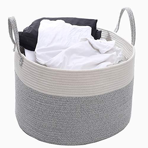 Wangger XXL Extra Large Cotton Rope Basket, 20\" x 13\" Throw Blanket Storage Basket with Handles, Decorative Blanket Basket for Living Room, Pillows, Toys or Laundry