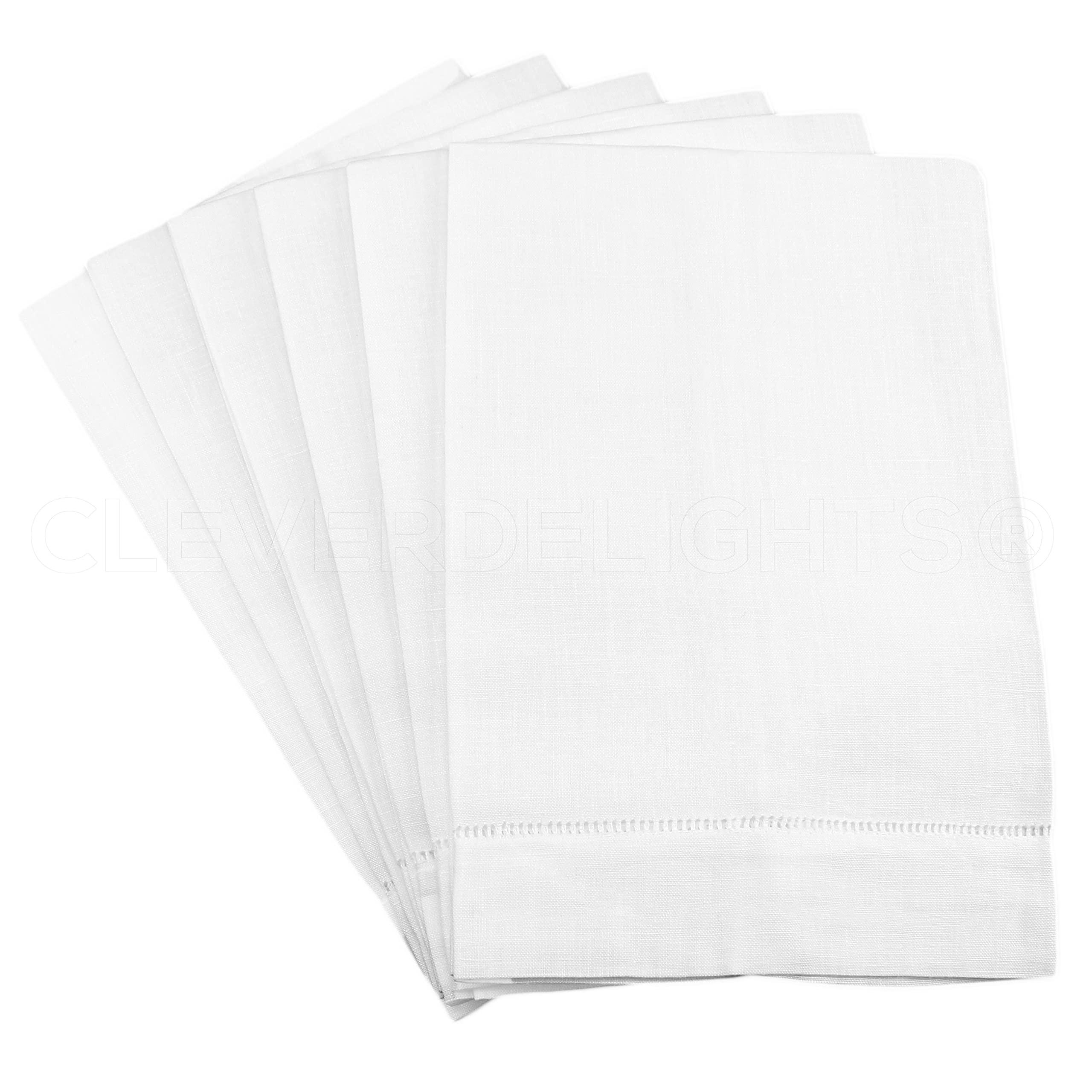 CleverDelights CleverDelights White Linen Hemstitched Hand Towels - 6 Pack - 14" x 22" - Fingertip Towel