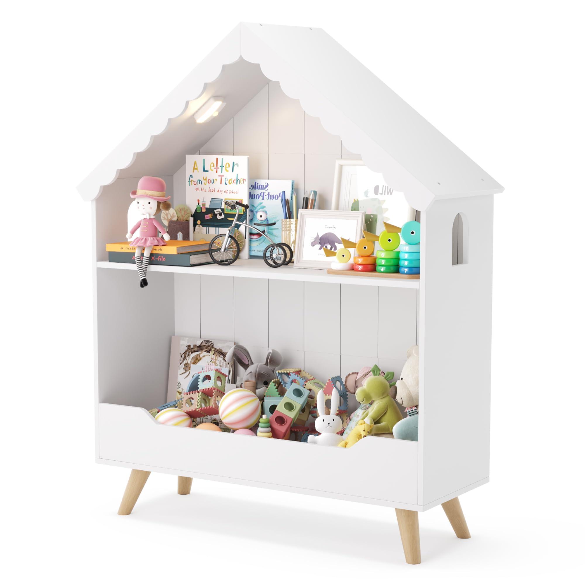 Curipeer Curipeer Kids Dollhouse Bookshelf, Wooden Bookcase Storage with Motion-Activated Light, 2-Tier Open Display Organizer for Toys and Books, Baby Bookshelf for Birthday, Christmas, White
