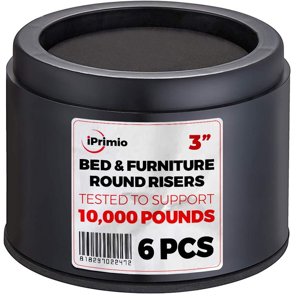 iPrimio iPrimio Bed Risers - Round, 3 Inch Lift, Heavy Duty, 6 Pack, Up to 10000lbs - Bed Raising Blocks, Furniture Risers - Safe, Sturdy Bed Lifts for College Dorm Rooms, Couches, Tables, Desk Riser