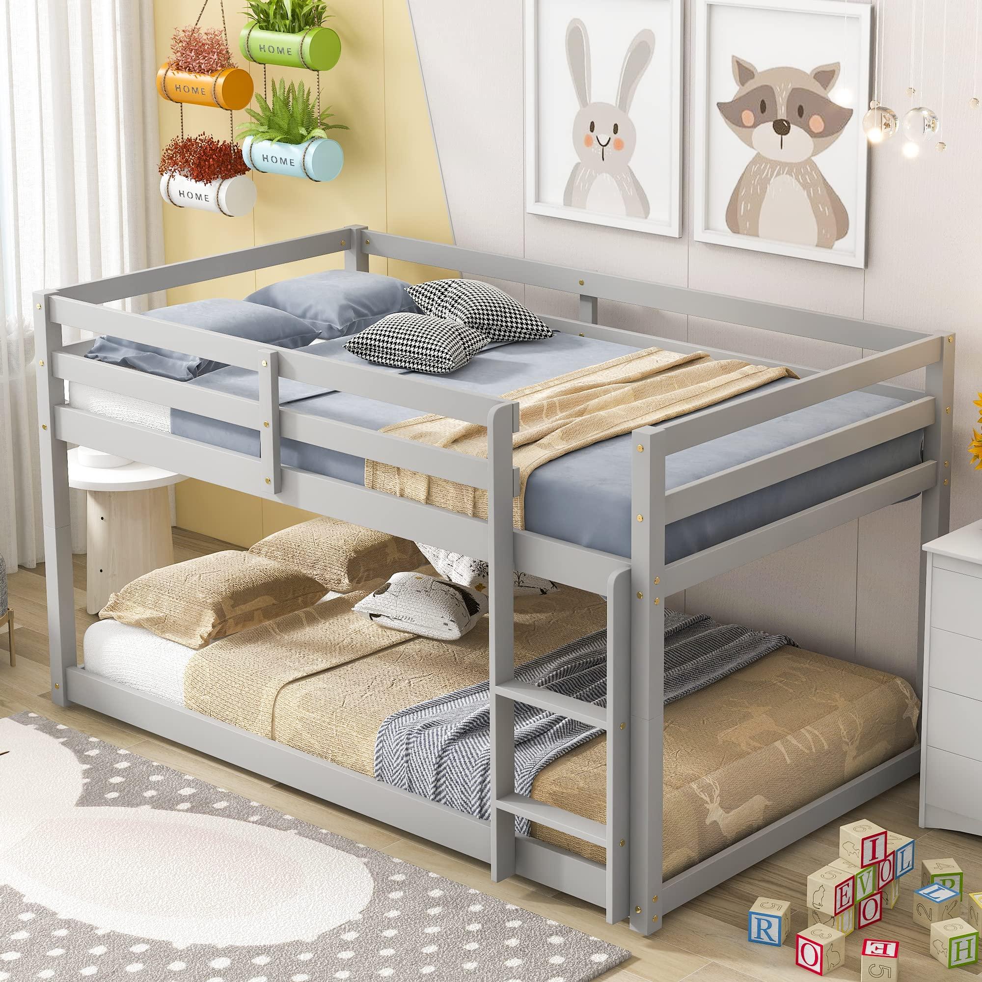 MWrouqfur MWrouqfur Low Bunk Beds Twin Over Twin Floor Bunk Bed Frame Loft Bed for Boys Girls Teens,Space Saving,No Box Spring Needed (Gray)