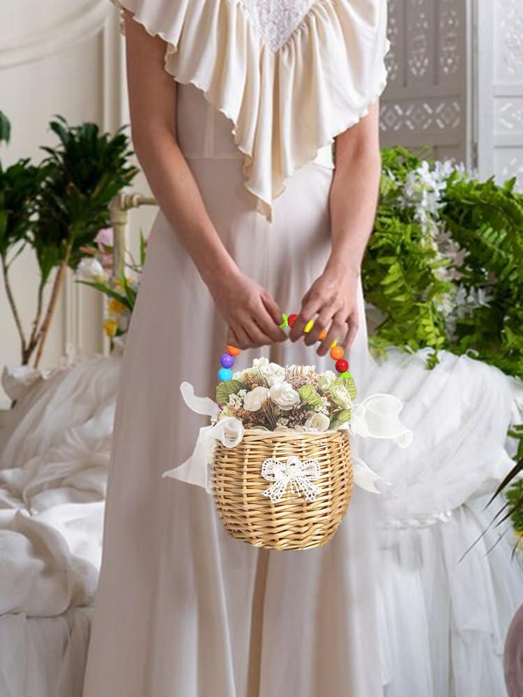 JUOPZKENN JUOPZKENN Rattan Flower Basket,Pearl Flower Girl Basket Rattan Basket Flower Girl Bag Rustic Flower Girl Basket Wicker Basket for Wedding Flower Girl Accessories(18cm / 7.1in-White 2)