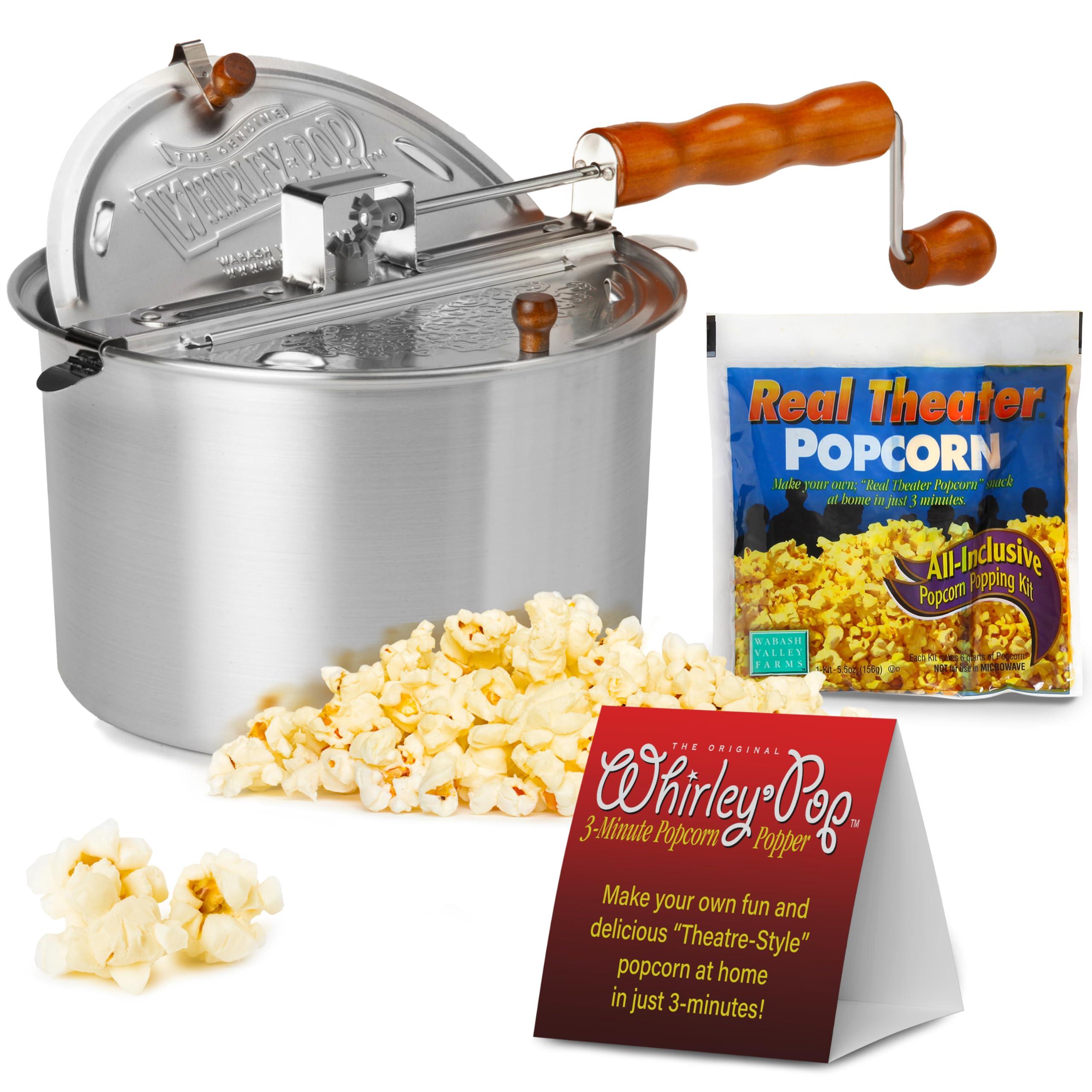Wabash Valley Farms Original Whirley-Pop Popper Kit - Nylon Gears - Silver - 1 Real Theater All Inclusive Popping Kit