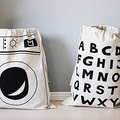 Chezi Chezi Cute Cartoon Print Drawstring Heavy Canvas Large Laundry Bag Basket Beige (Alphabet)