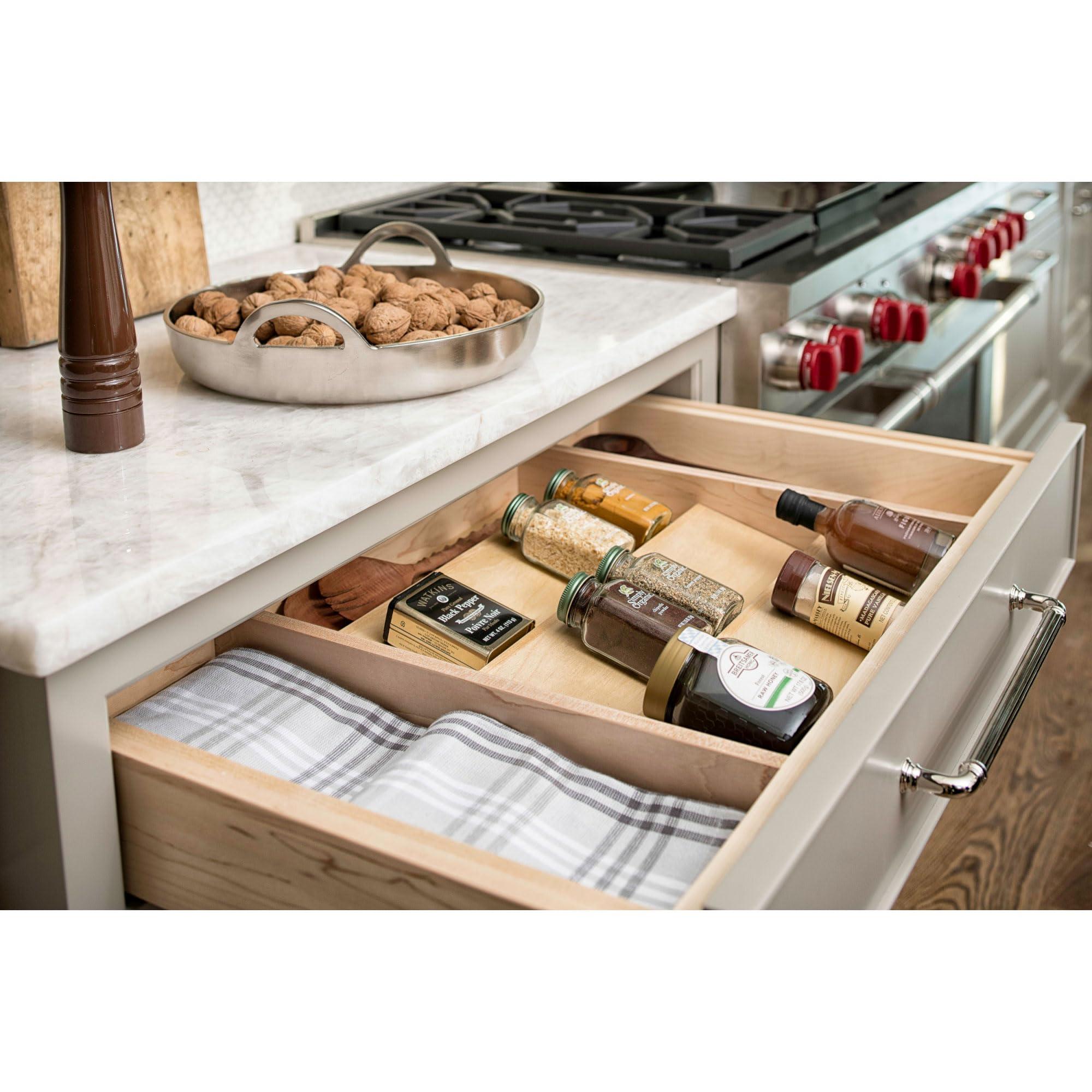Rev-A-Shelf Rev-A-Shelf 22\" 3 Tiered Seasoning Organizer, Trim-to-Fit Wooden Kitchen Draw and Cabinet Home Storage Insert, Pull Out Spice Rack, Maple, 4SDI-24