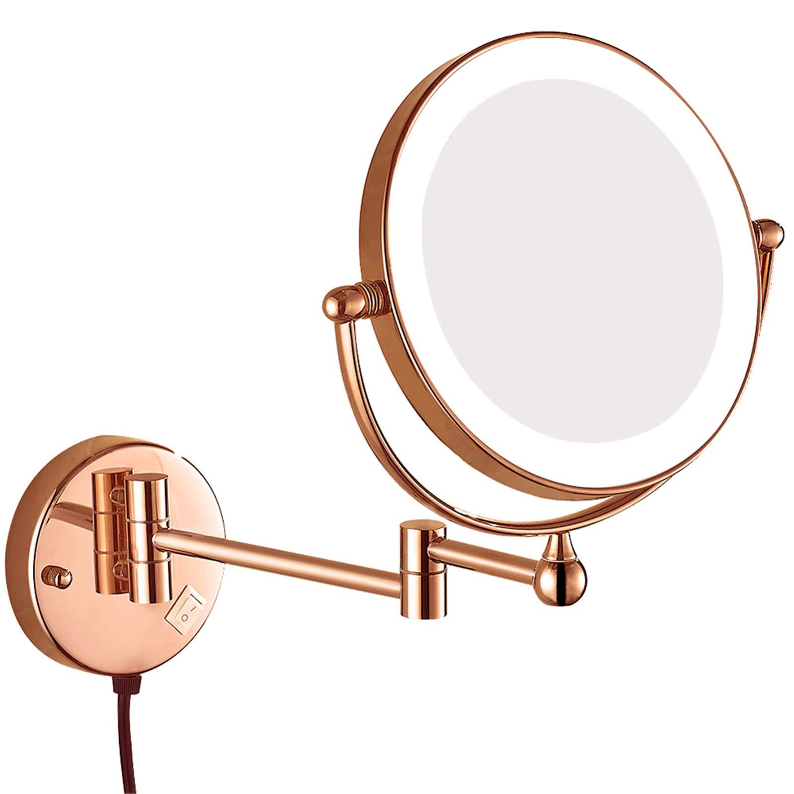 DMNSDD Double Sided Makeup Mirror with Lights and Magnification, 8 inch Brass Bathroom Wall-mounted LED Vanity Mirror, 360 Swivel Extendable Mirror,Rose gold,10X
