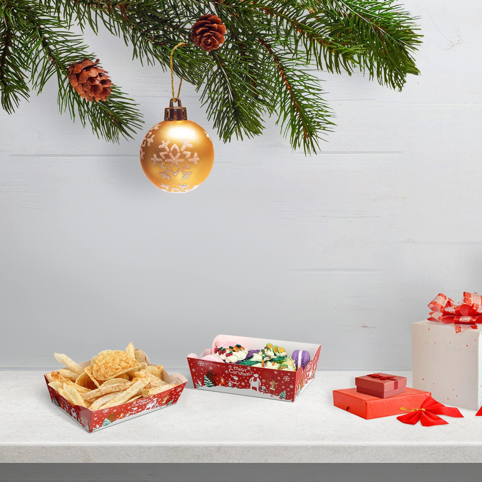 Cunhill Cunhill 60 Pack Christmas Party Supplies Christmas Plates Paper Serving Tray Paper Food Boats Food Tray for Concession, Condiment, Carnivals (Tree)