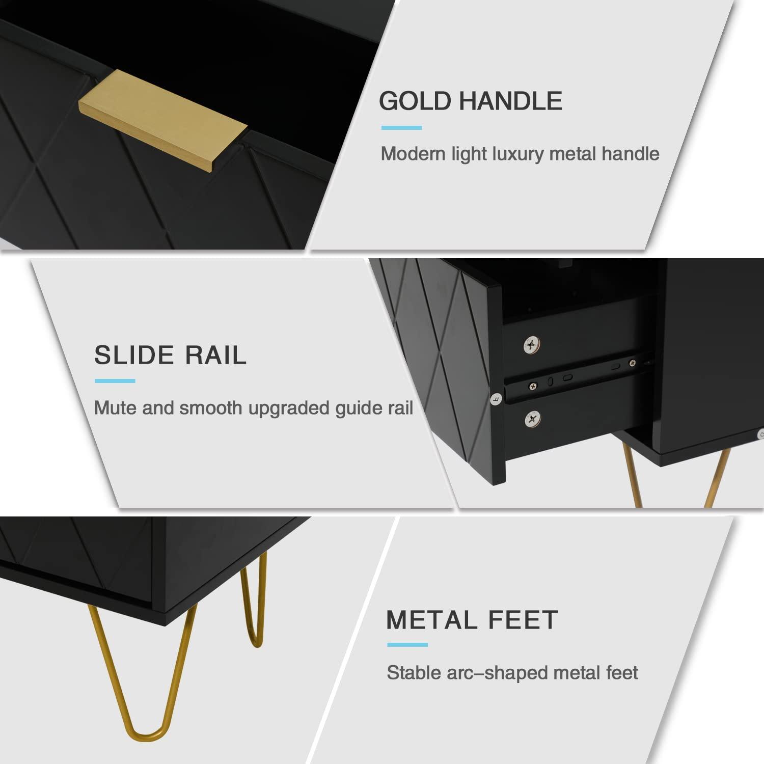 Anbuy Anbuy Black Nightstand Set of 2 with Gold Handle, Bedside Table with 2 Drawers, Night Stands Set of 2 Gold Legs for Bedroom Living Room