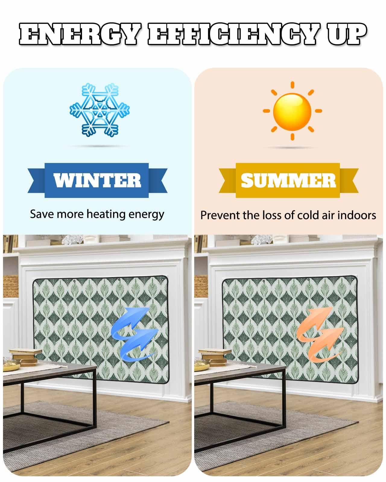 Onekaccu Teal Gray Fireplace Cover Decorative, Magnetic Fireplace Cover Indoor Fireplace Blanket Insulation Fireplace Draft Stopper Save Energy Abstract Geometric Leaves Modern Art 51\" Wx39 H