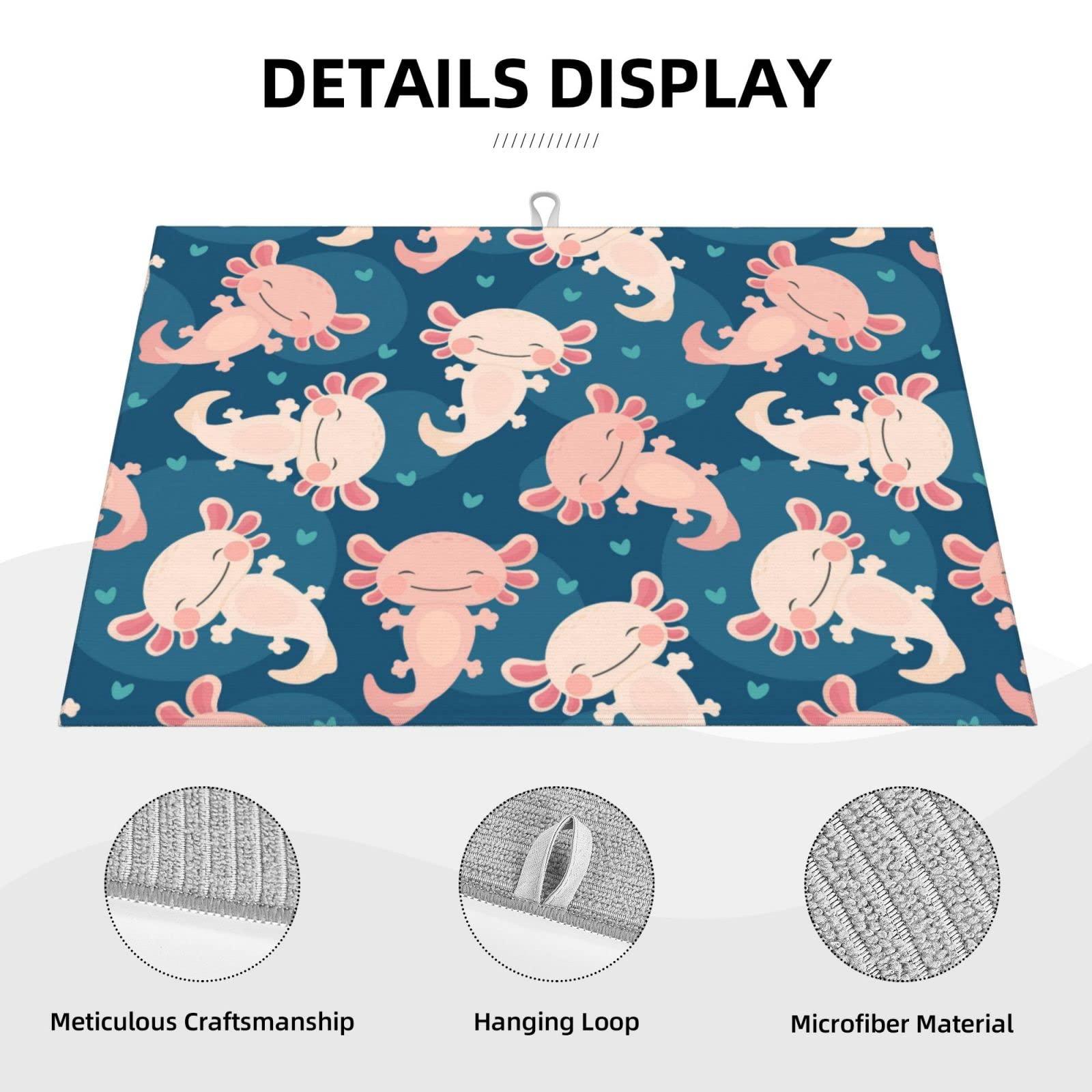 FINOWIN Dish Drying Mat for Kitchen Counter, 18x24 Inch Baby Axolotl Kawaii Dish Drainer Mat, Absorbent Reversible Microfiber XL Dish Drying Rack Pad for Kitchen Accessories