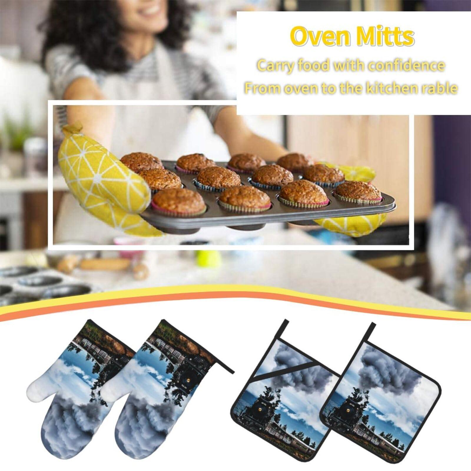 Ncpkcb Ncpkcb Cool Steam Train Oven Mitts and Pot Holders 4pcs Set Durable Kitchen Hot Pads with Oven Gloves for Baking Cooking Grilling, Fashion