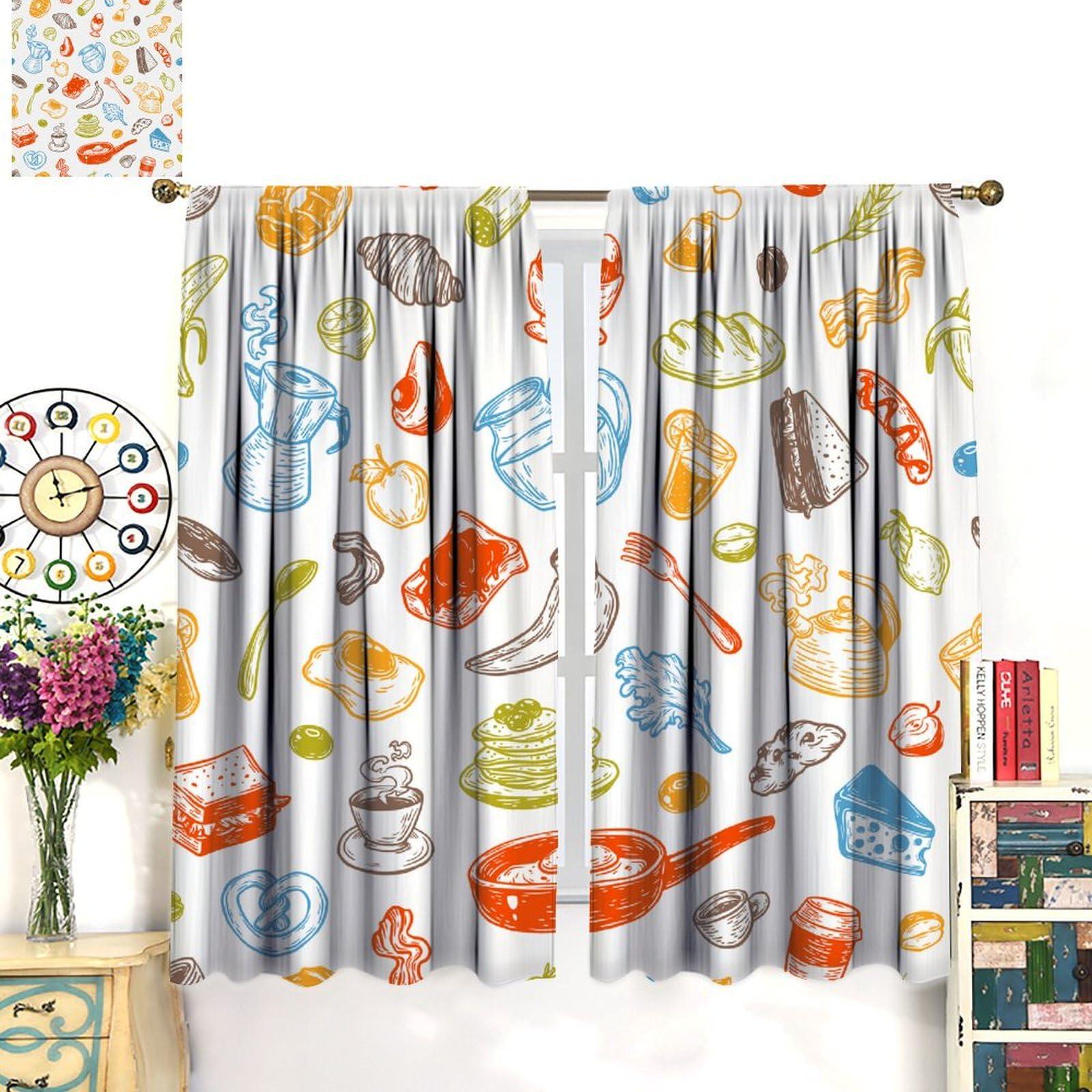 Chocolatemaoutdash Breakfast and Morning Blackout Curtains Vector Breakfast Food,Meal and Drinks Rod Pocket Thermal Insulated Drapes Darkening Window Curtain for Bedroom Living Room Kitchen 31.5x63in x 2