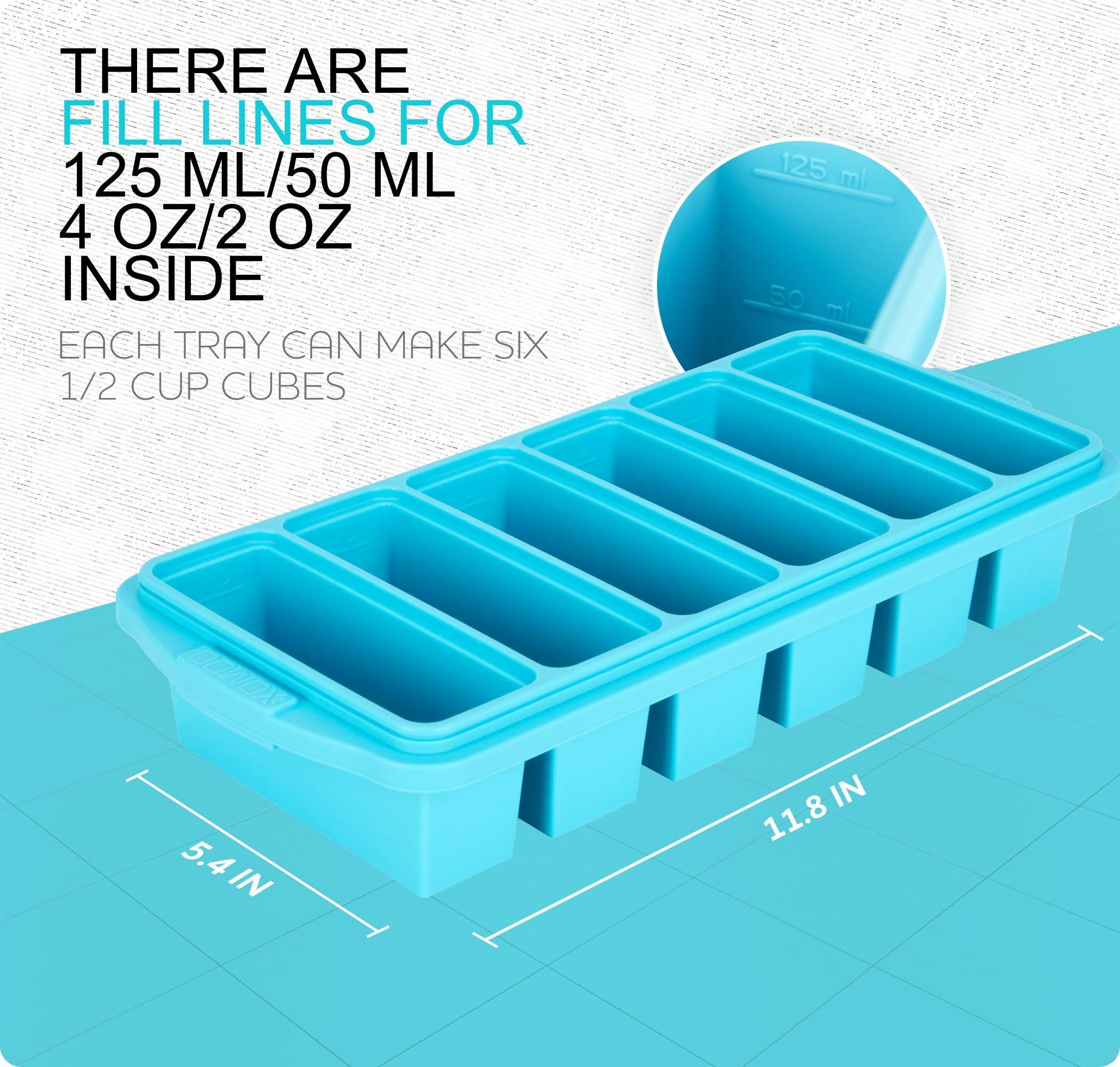 Xomoo 1/2 Cup Silicone Freezer Tray With Lid - Silicone Freezer Molds 2-Pack For meal prep & freezing of various sauces and other dishes, makes 12 perfect 1/2 cup portions cubes,oven and dishwasher safe