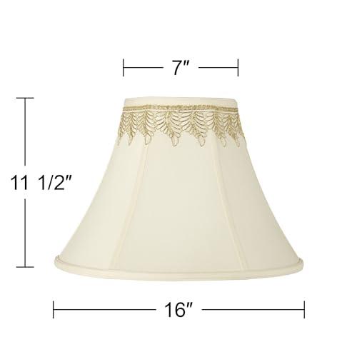 Imperial Shade Creme Medium Bell Lamp Shade with Embroidered Leaf Trim 7\" Top x 16\" Bottom x 12\" High (Spider) Replacement with Harp and Finial - Imperial Shade