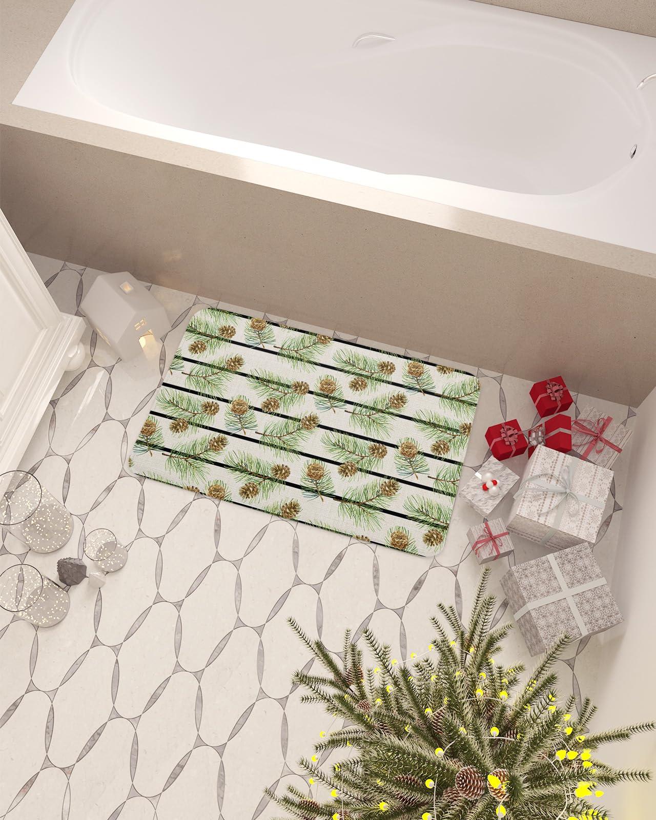 Libaoge Christmas Kitchen Mat Rug Set of 2 Coniferous Pine Cones Cotton Linen Runner Rug Anti-Fatigue Comfort Memory Foam Standing Mat Non-Slip Floor Door Mat for Bathroom Bedroom 24x35in+24x71in