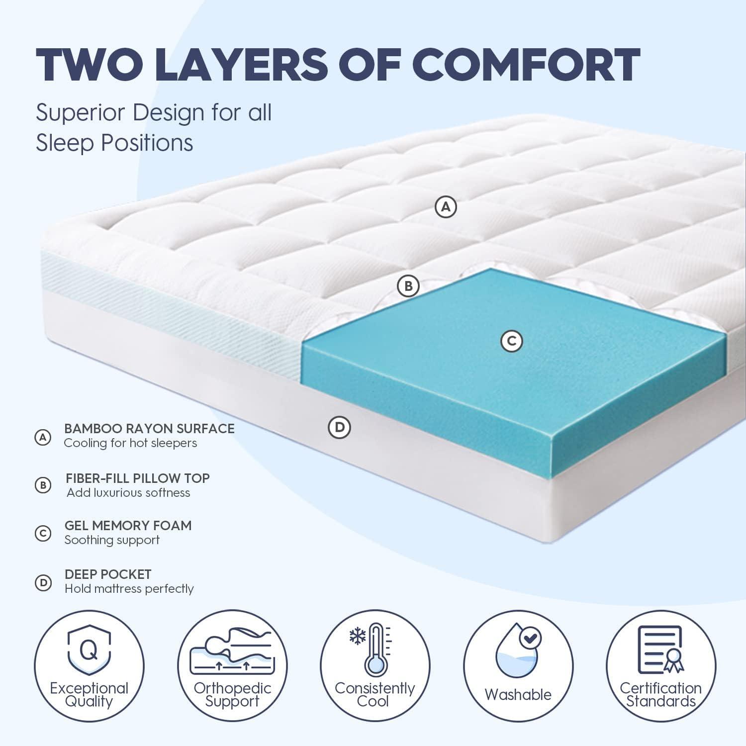 ELEMUSE ELEMUSE Dual Layer 3 Inch Memory Foam Mattress Topper King, 2 Inch Cooling Gel Memory Foam Plus 1 Inch Down Alternative Pillowtop Mattress Pad, Viscose Made from Bamboo Cover, Soft Comfort Support
