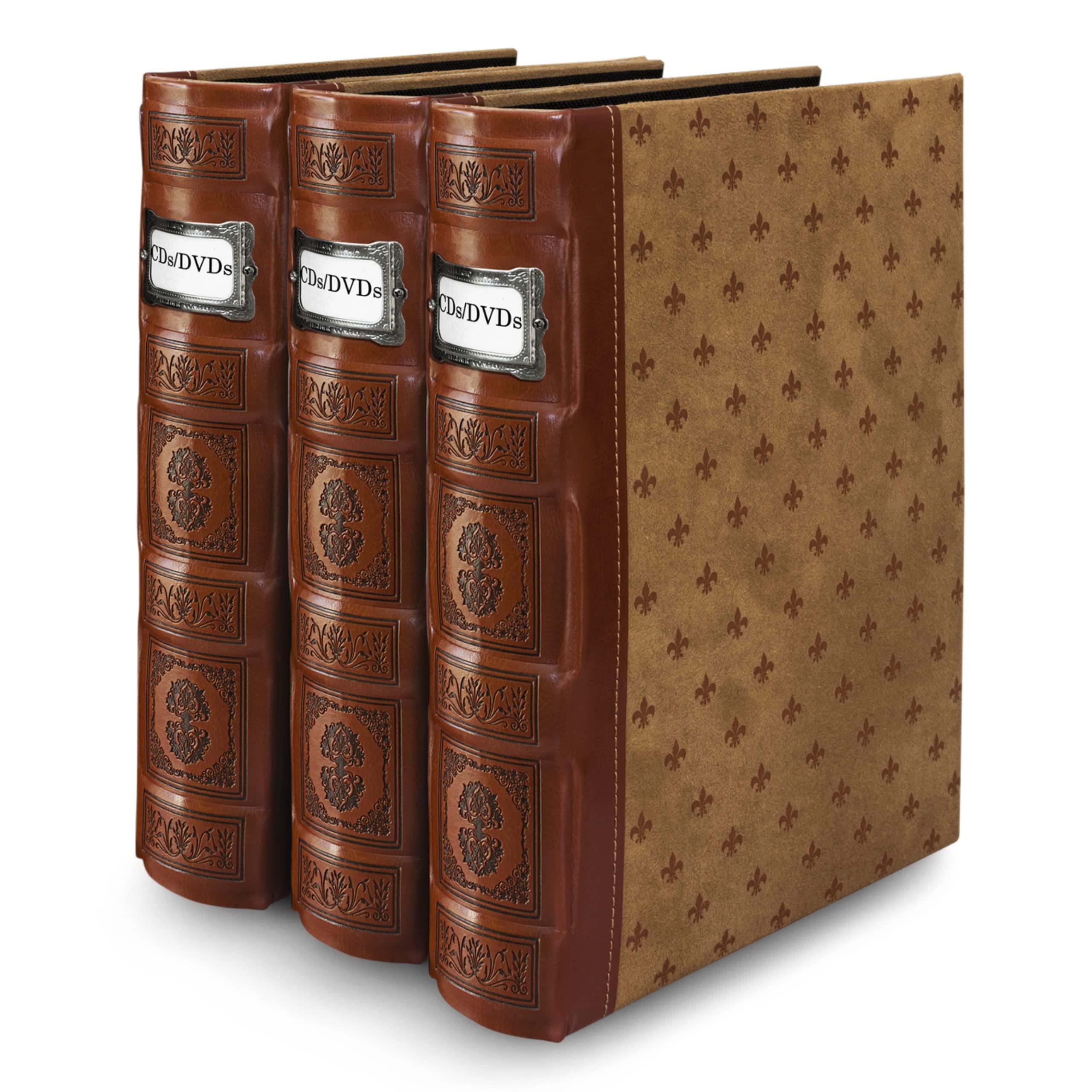 Bellagio-Italia Bellagio-Italia Tuscany CD/DVD Storage Binder Set - Leather - 144-Disc Capacity - Storage Organizer for DVDs, CDs, Blu Rays, & Video Games - Acid-Free Binder Organizer Sheets - 3 Pack - Cognac