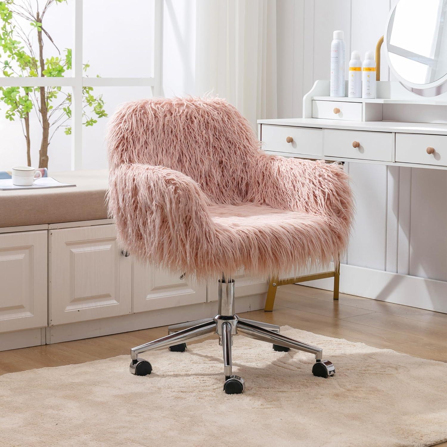 HomVent HomVent Faux Fur Vanity Chairs with Wheels Pink Furry Makup Desk Chair for Kids,Women,Grils,Cute Home Office Computer Chair,Swivel Task Arm Chairs for Bedrooms,Living Room,Study,Dressing