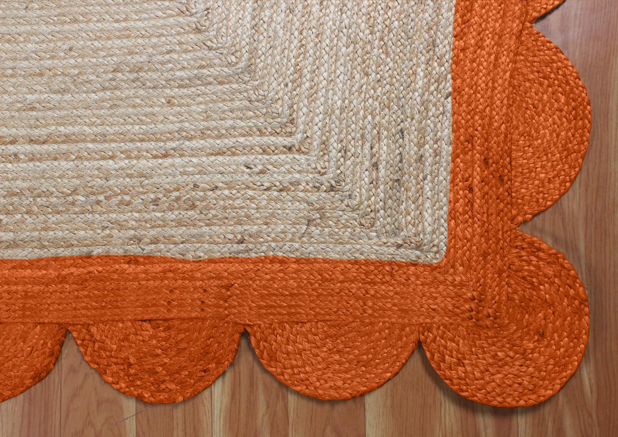 CASAVANI CASAVANI Scalloped Edge Rug, Braided Natural Jute Fiber Area Rug, 9x9 Ft Square Beige & Orange Woven Kilim Rug for High Traffic Area Living Room, Kitchen, Entryway, Farmhouse