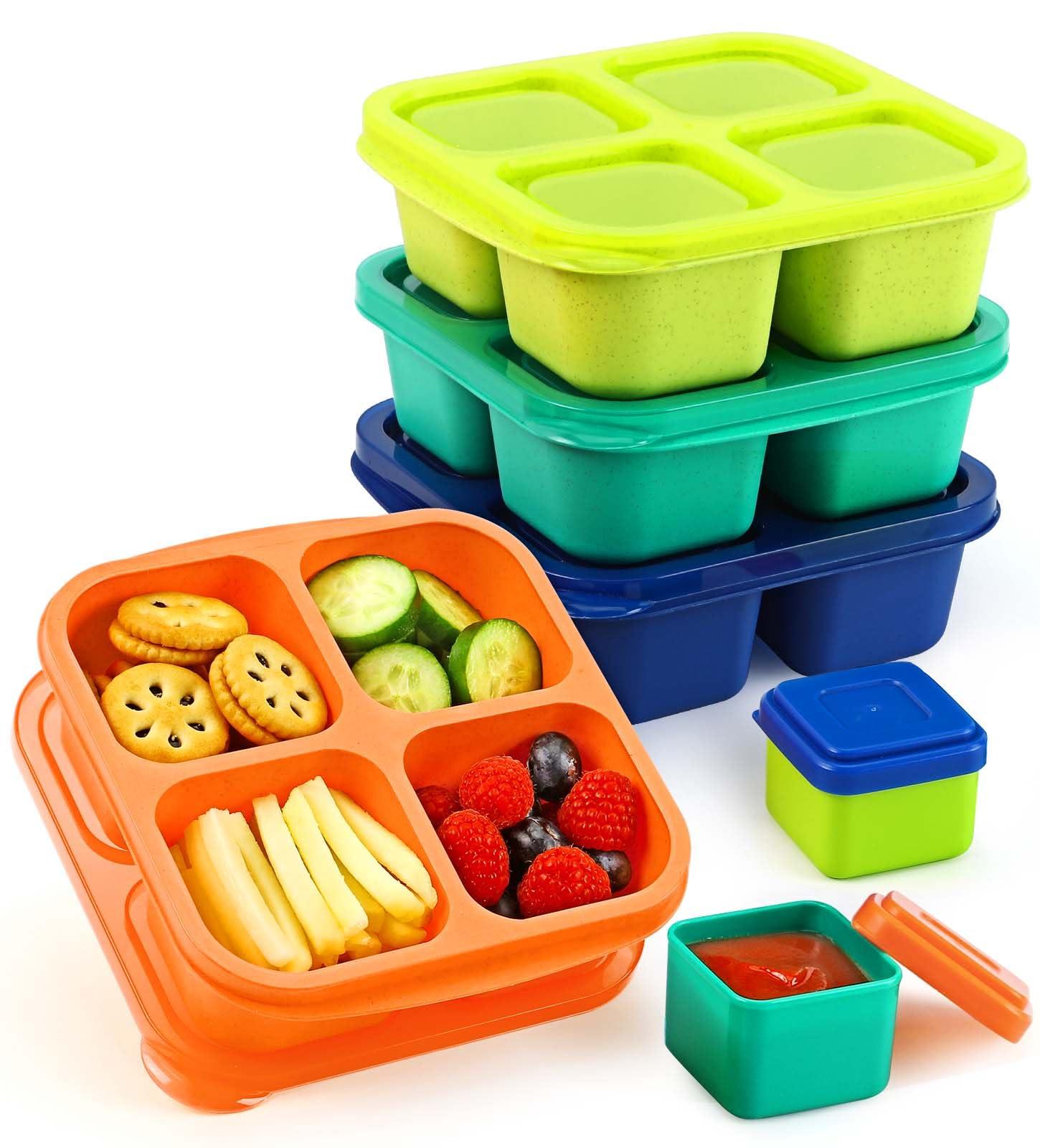 Caperci Caperci Lunchable Snack Containers - 4 Compartments Bento Snack Boxes (4 Pack) with 2 Leakproof Sauce Containers, Reusable Divided Food Containers for School, Work, Travel (Jewel Brights)