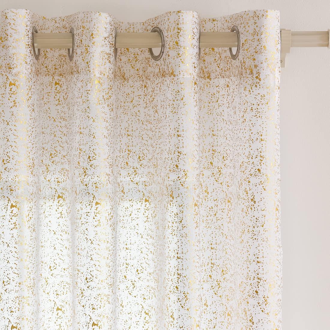 TERLYTEX TERLYTEX White Gold Sheer Curtains 84 Inches Long, Metallic Gold Foil Spots Design Sparkle Sheer Curtains for Living Room, Privacy Grommet Shimmer Sheer Curtains 2 Panels Set, 52 x 84 Inch, White Gold